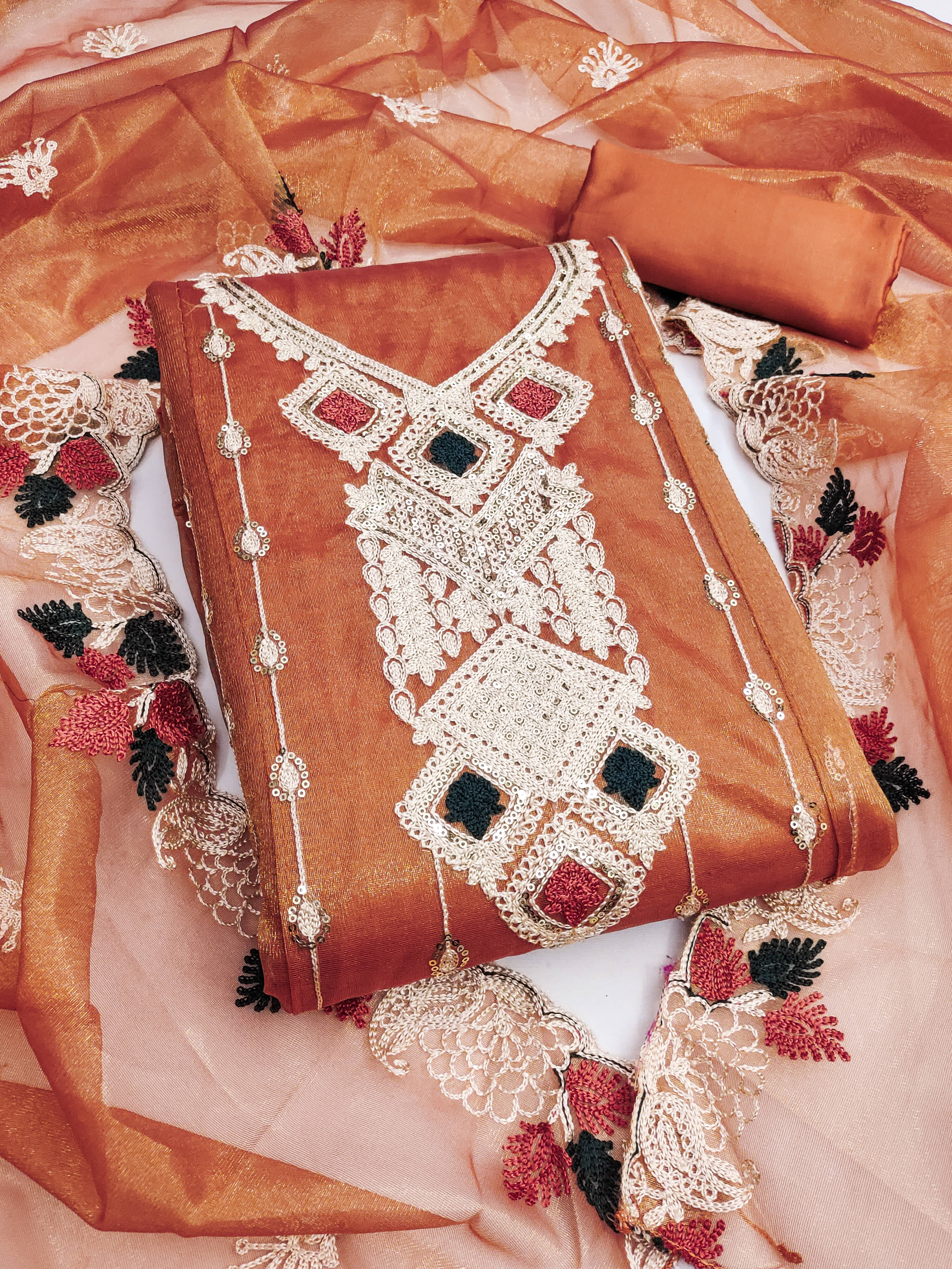     			Nayanthara Trends Unstitched Net Embroidered Dress Material - Orange ( Pack of 1 )