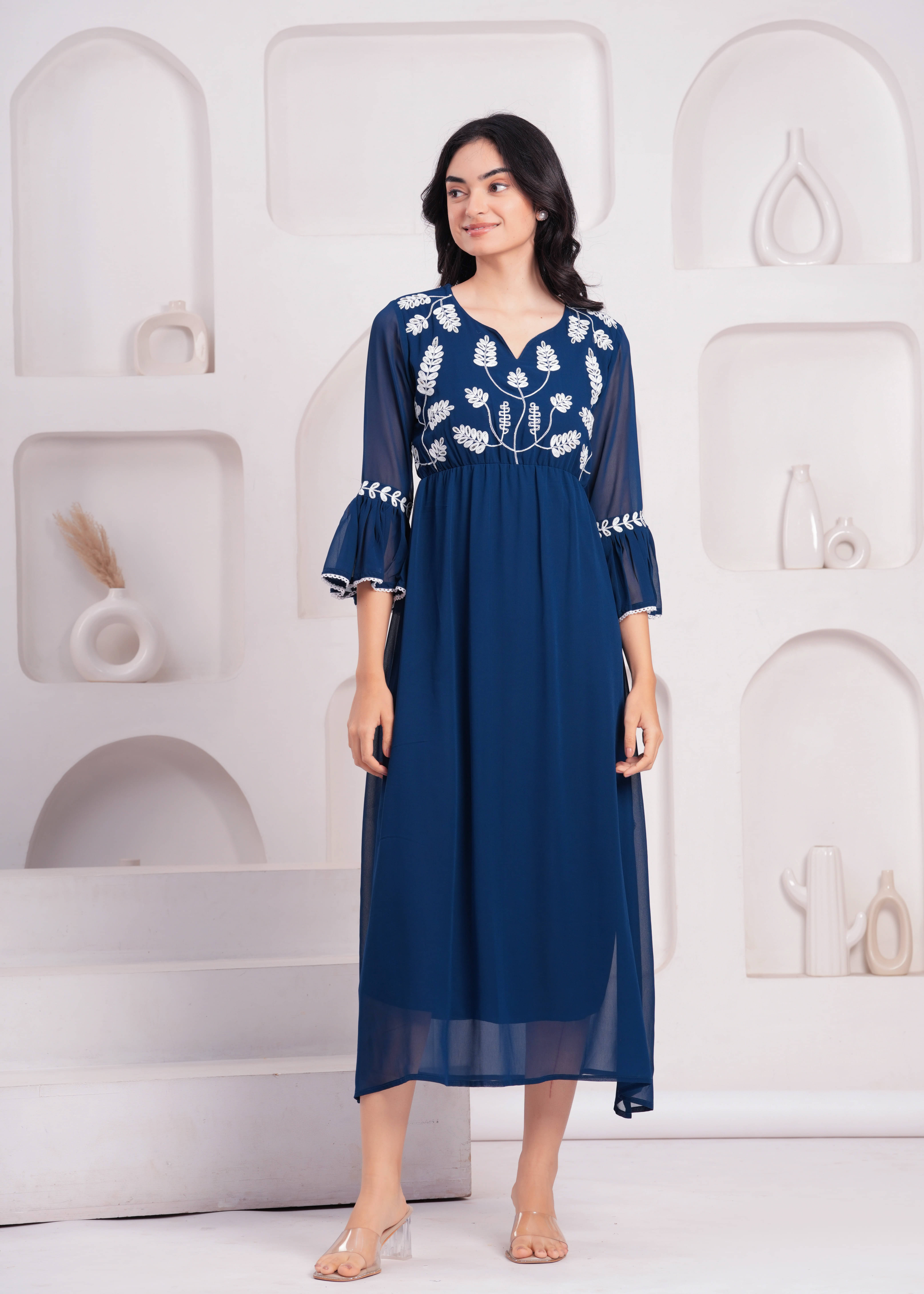     			Oh Mi Dios Women Georgette Solid Fit & Flare Dress ( Blue )