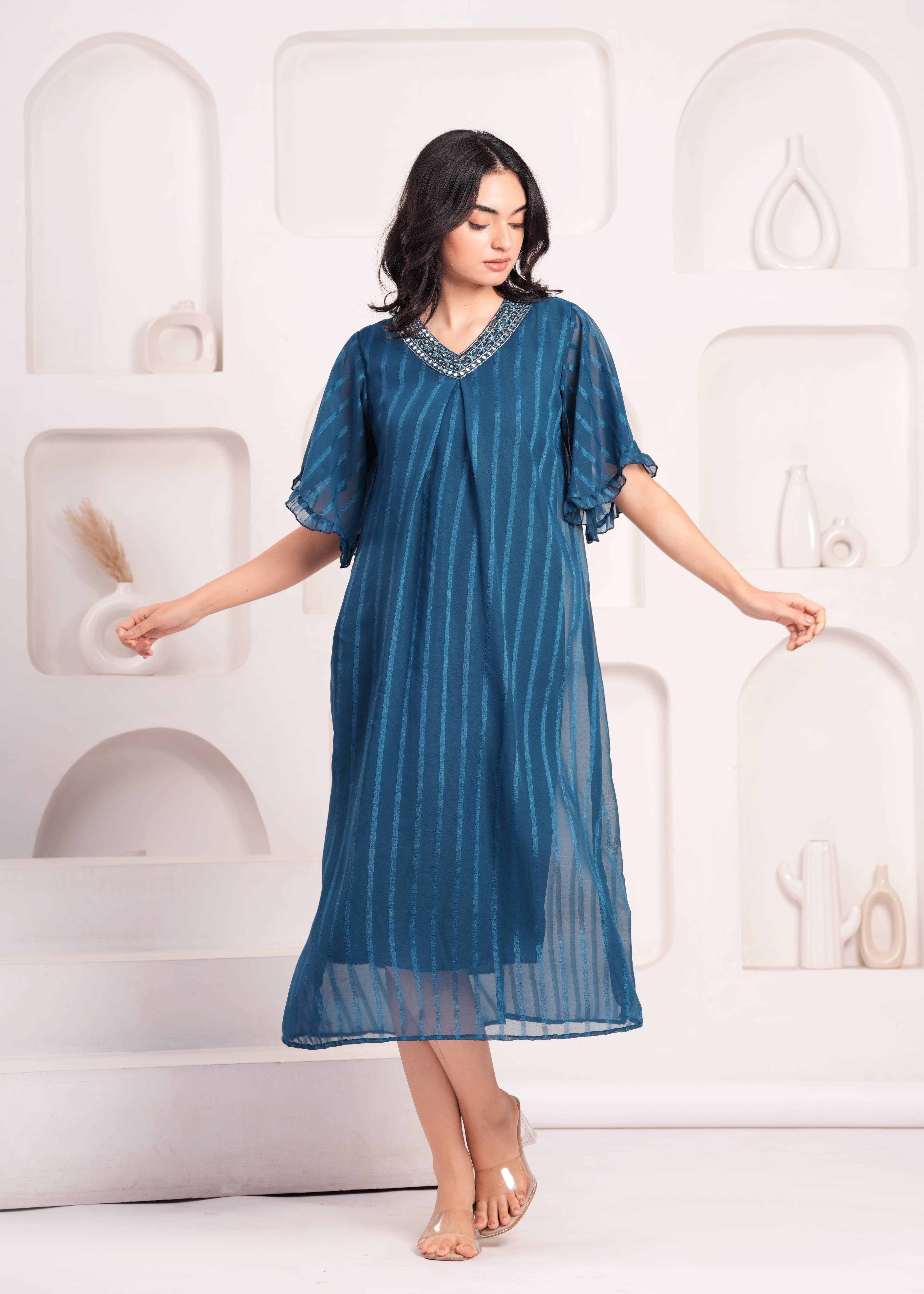 Oh Mi Dios Women Georgette Solid Fit & Flare Dress ( Blue ) Oh Mi Dios Women Georgette Solid Fit & Flare Dress ( Blue )