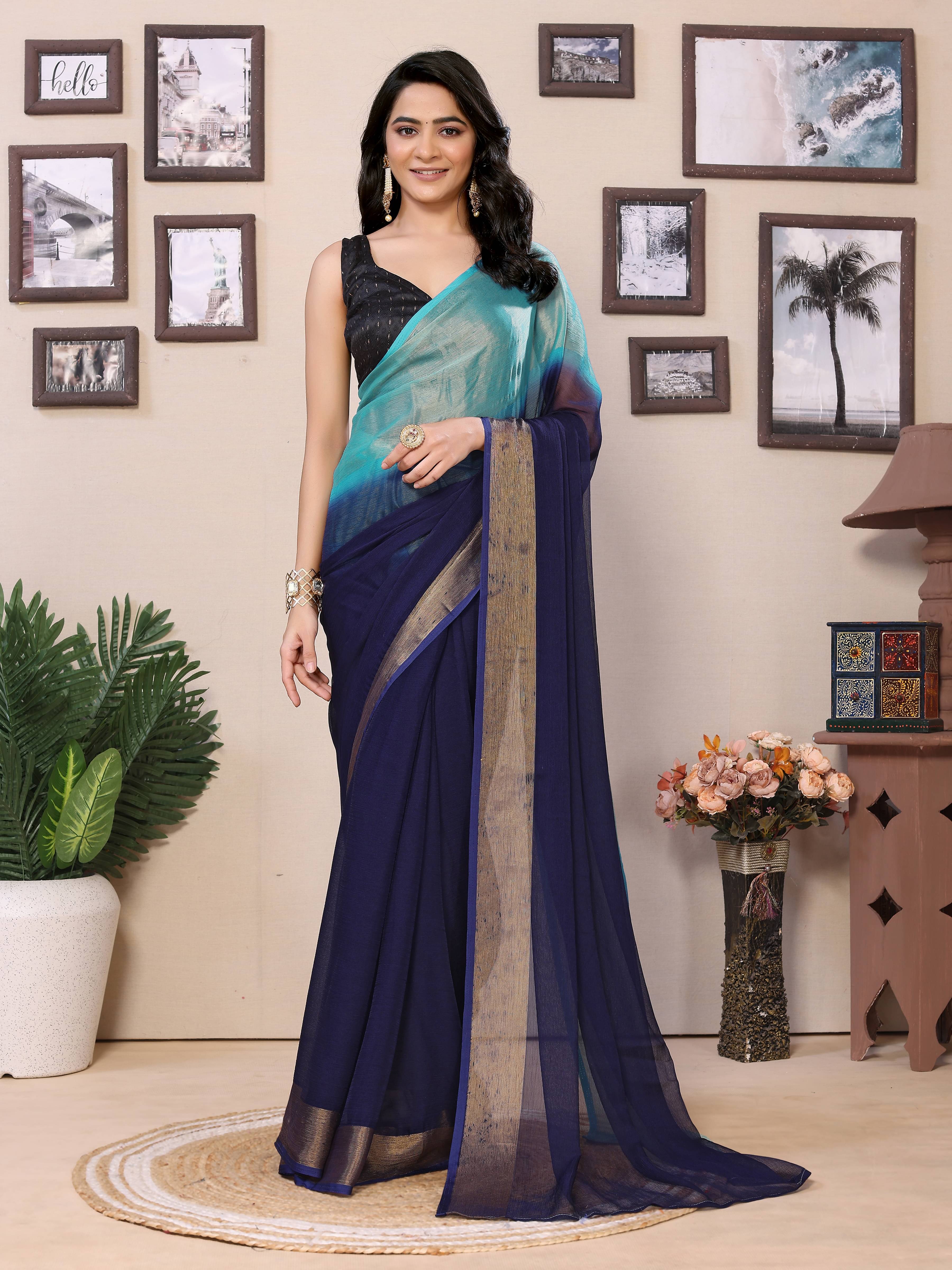     			Rangtulika Ethnics Chiffon Dyed Saree With Unstitched Blouse Piece ( Blue )