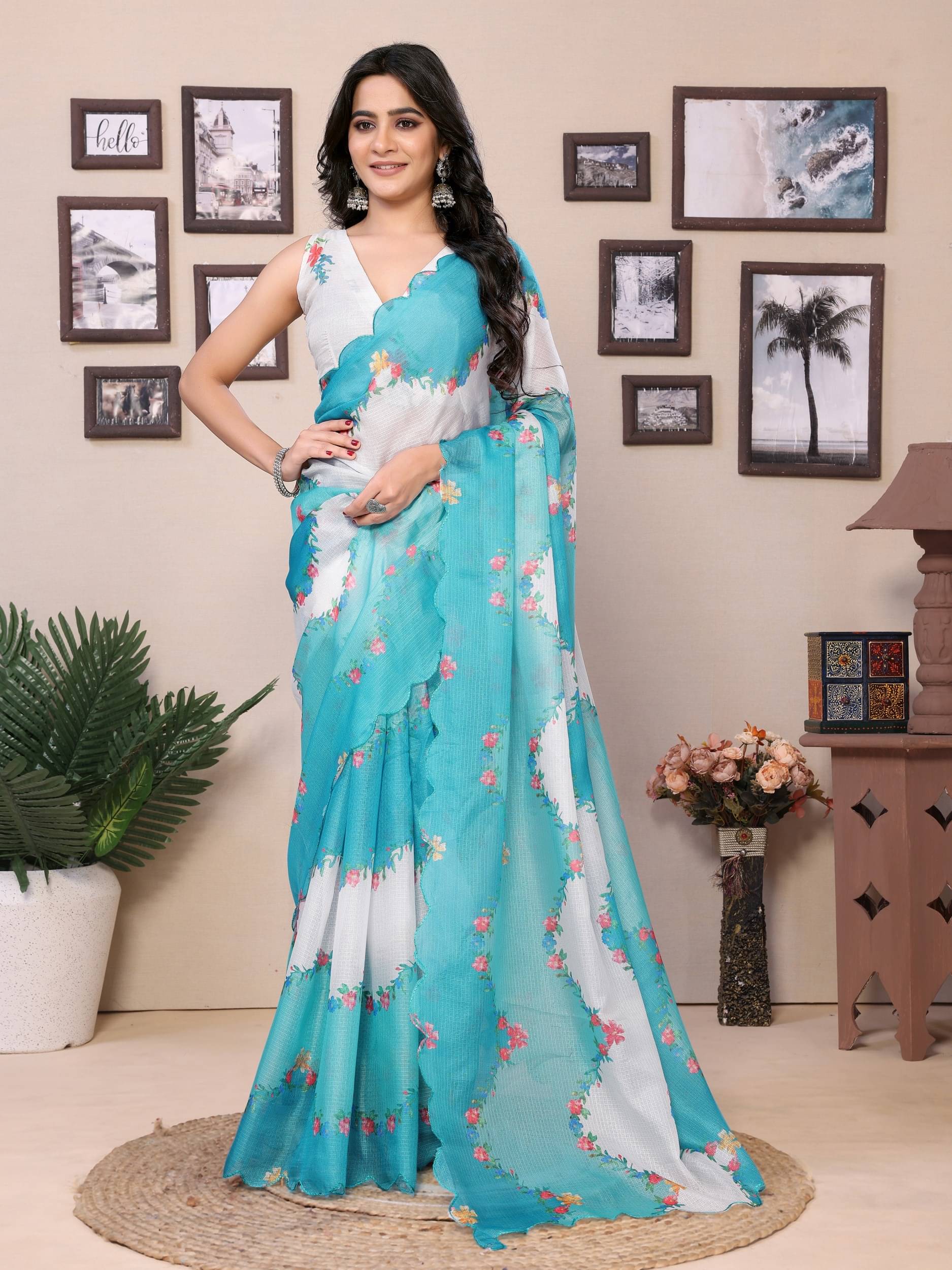 Rangtulika Ethnics Cotton Printed Saree With Unstitched Blouse Piece ( Aqua Blue )     			Rangtulika Ethnics Cotton Printed Saree With Unstitched Blouse Piece ( Aqua Blue )