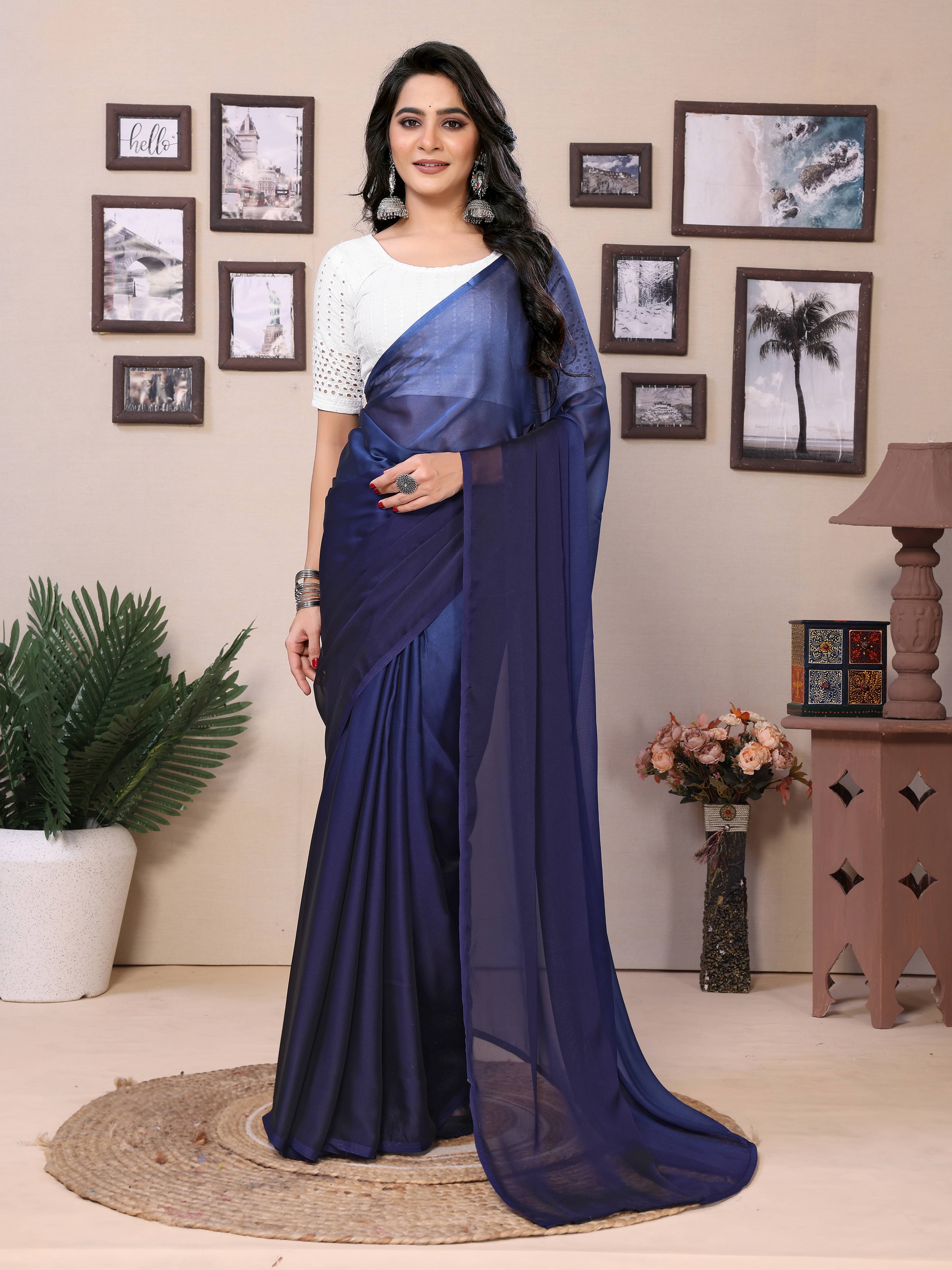     			Rangtulika Ethnics Georgette Solid Saree With Unstitched Blouse Piece ( Navy Blue )