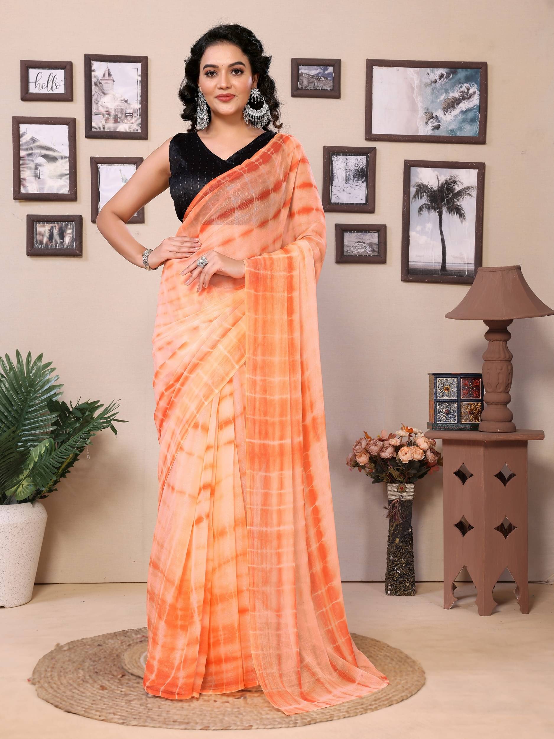 Rangtulika Ethnics Georgette Striped Saree With Unstitched Blouse Piece ( Orange ) Rangtulika Ethnics Georgette Striped Saree With Unstitched Blouse Piece ( Orange )