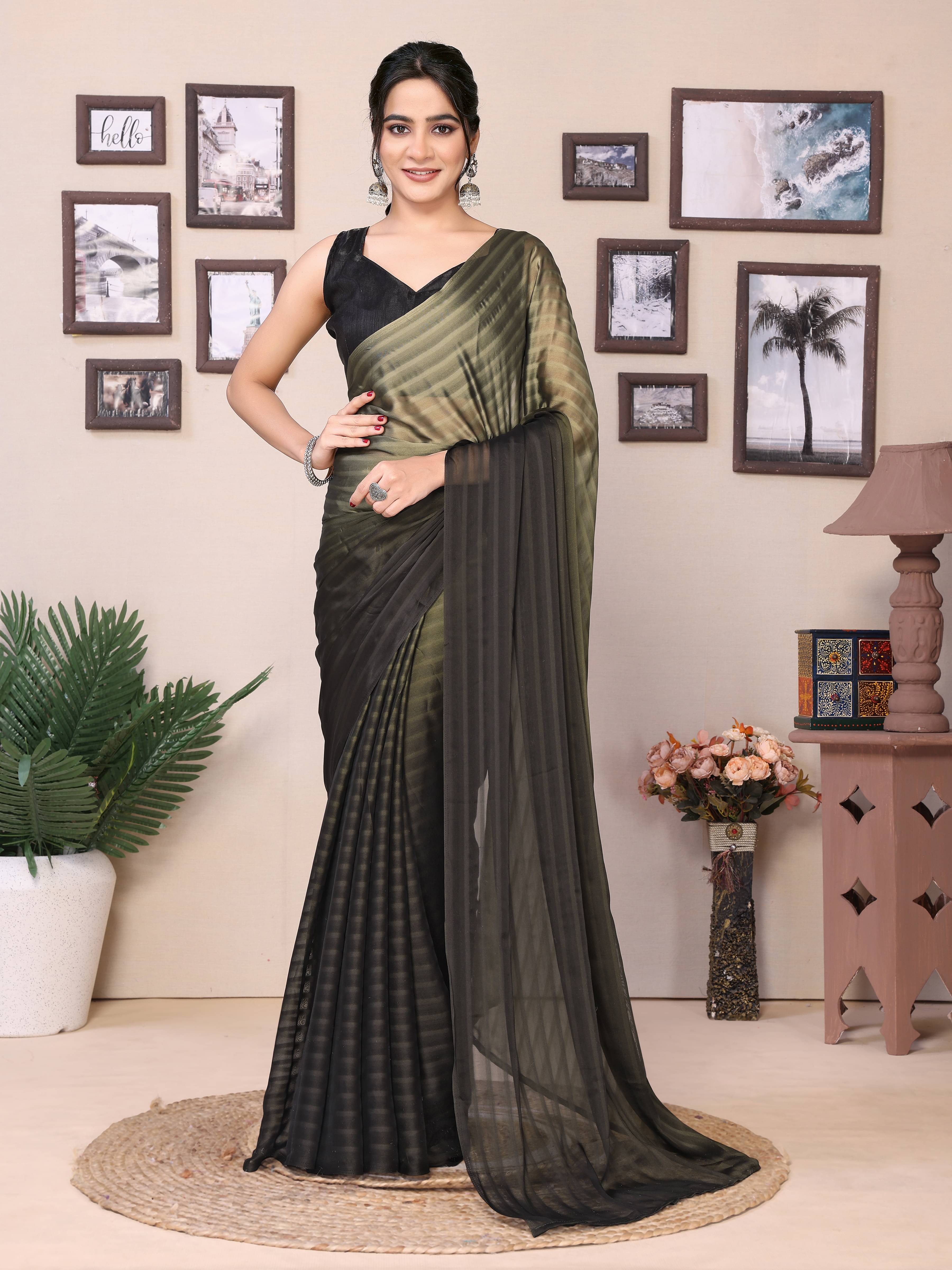 Rangtulika Ethnics Georgette Striped Saree With Unstitched Blouse Piece ( Mint Green,Olive ) Rangtulika Ethnics Georgette Striped Saree With Unstitched Blouse Piece ( Mint Green,Olive )