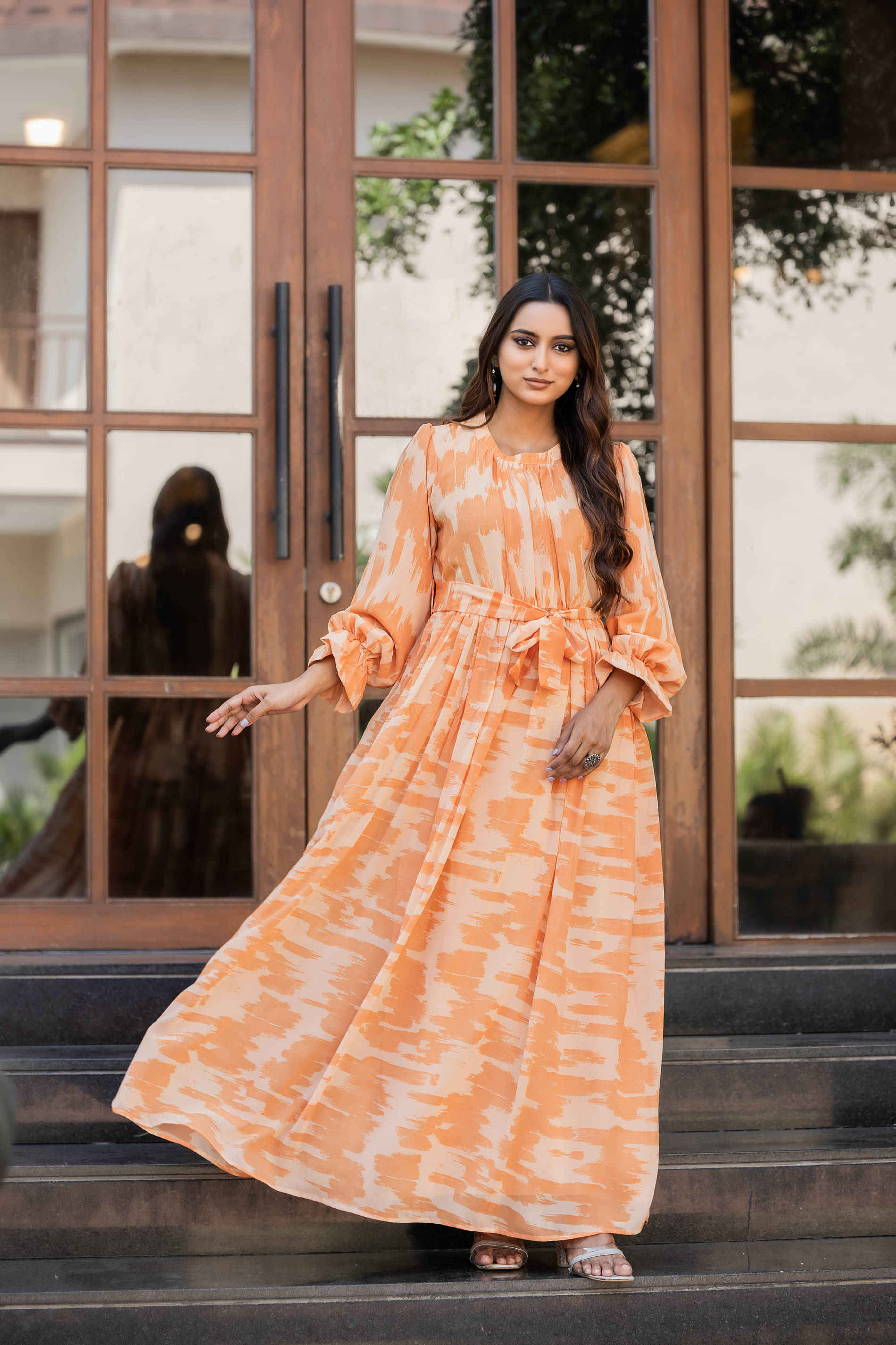 SARINKU Beige Anarkali Georgette Women's Stitched Ethnic Gown ( Pack of 1 )     			SARINKU Beige Anarkali Georgette Women's Stitched Ethnic Gown ( Pack of 1 )