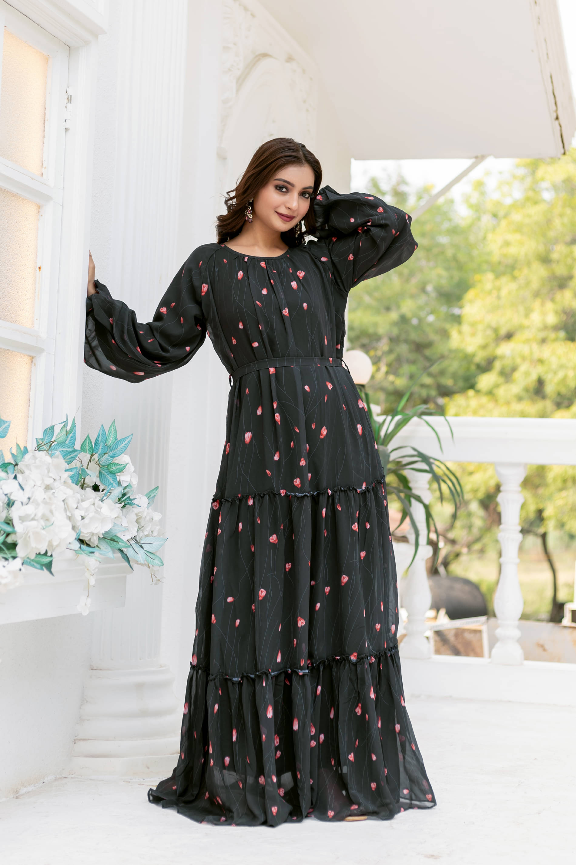 SARINKU Black Anarkali Georgette Women's Stitched Ethnic Gown ( Pack of 1 )     			SARINKU Black Anarkali Georgette Women's Stitched Ethnic Gown ( Pack of 1 )