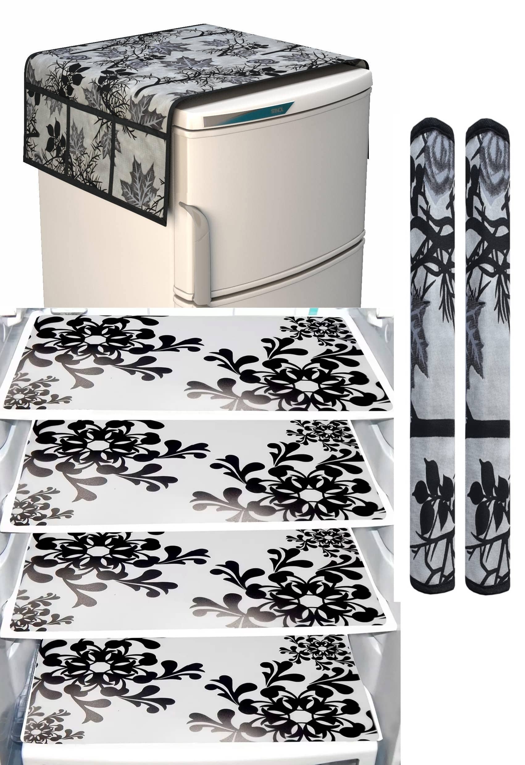 SHUBH Polyester Floral Fridge Mat & Cover ( 99 58 ) Pack of 7 - Black