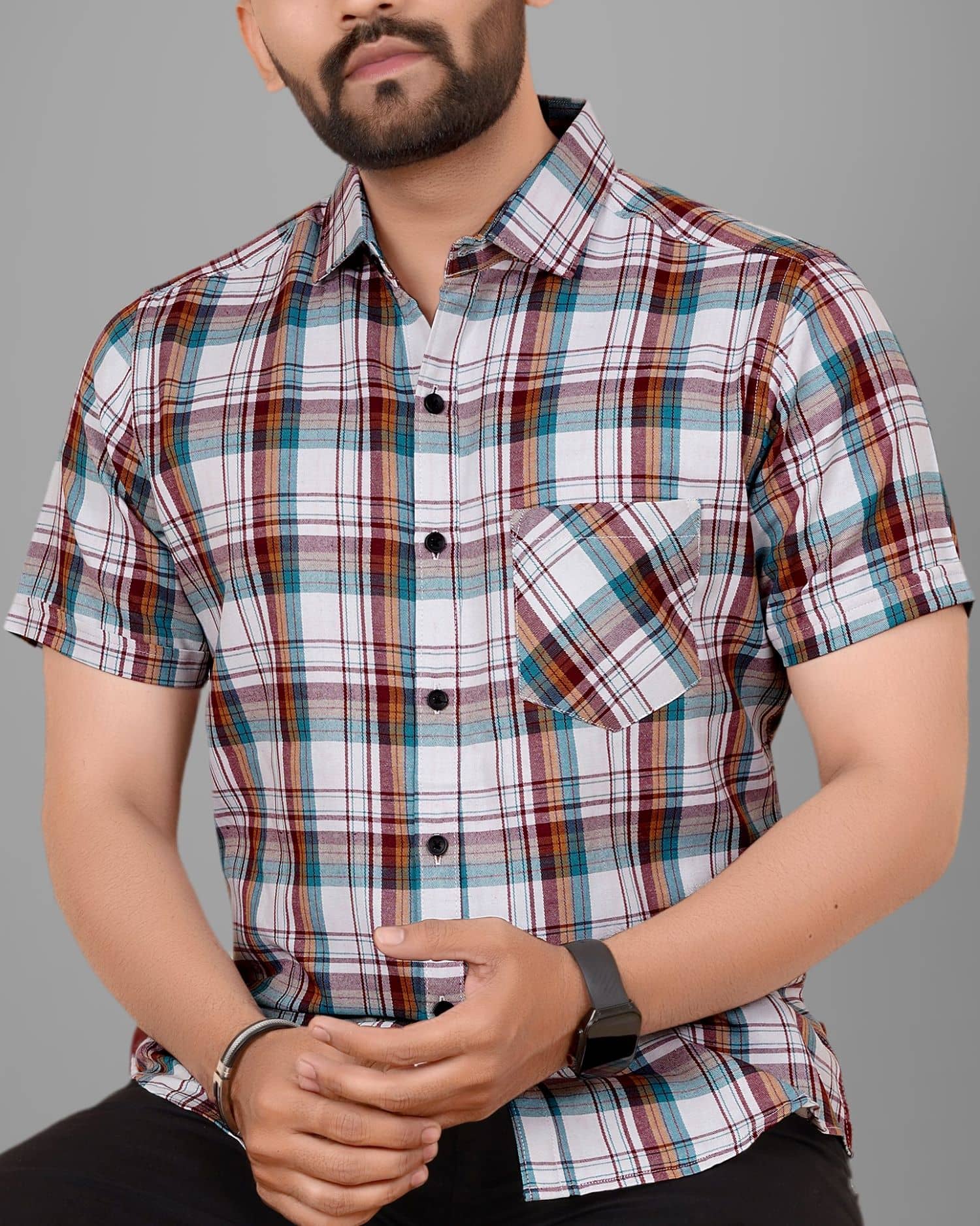 SUR-T Cotton Blend Regular Fit Checks Half Sleeves Men's Casual Shirt - White ( Pack of 1 )