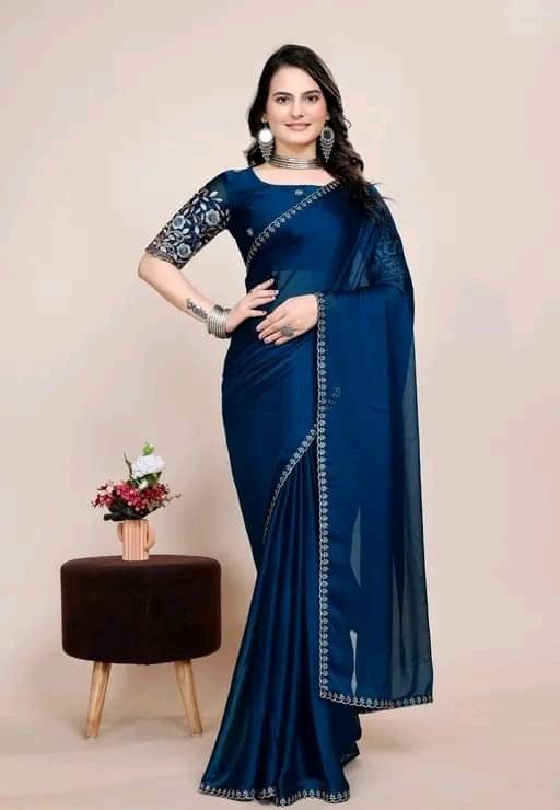     			Sureta Silk Blend Dyed Saree With Unstitched Blouse Piece ( Blue )