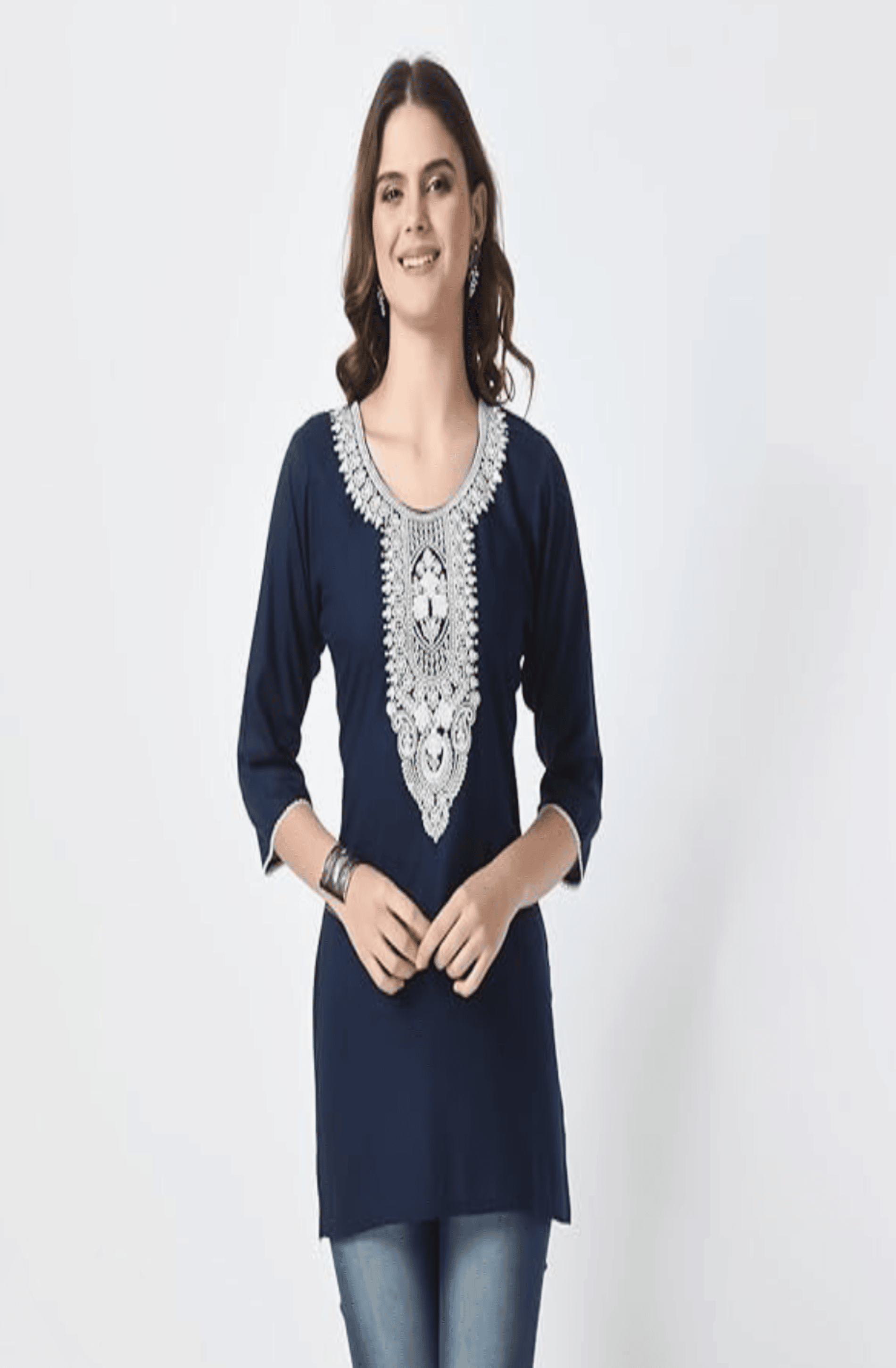     			TNQ Pack of 1 Rayon Embroidered Straight Women's Kurti - ( Navy Blue )