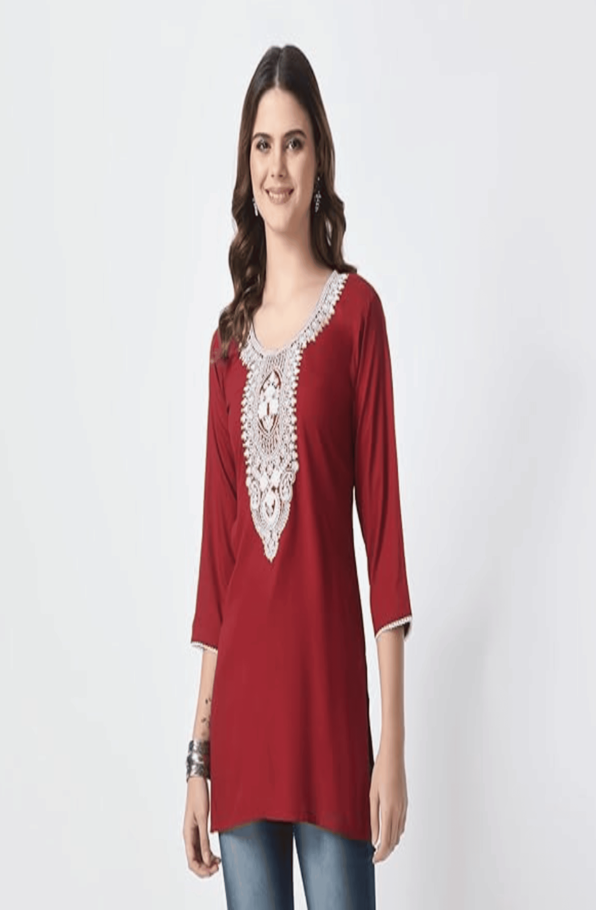 TNQ Pack of 1 Rayon Embroidered Straight Women's Kurti - ( Maroon ) TNQ Pack of 1 Rayon Embroidered Straight Women's Kurti - ( Maroon )