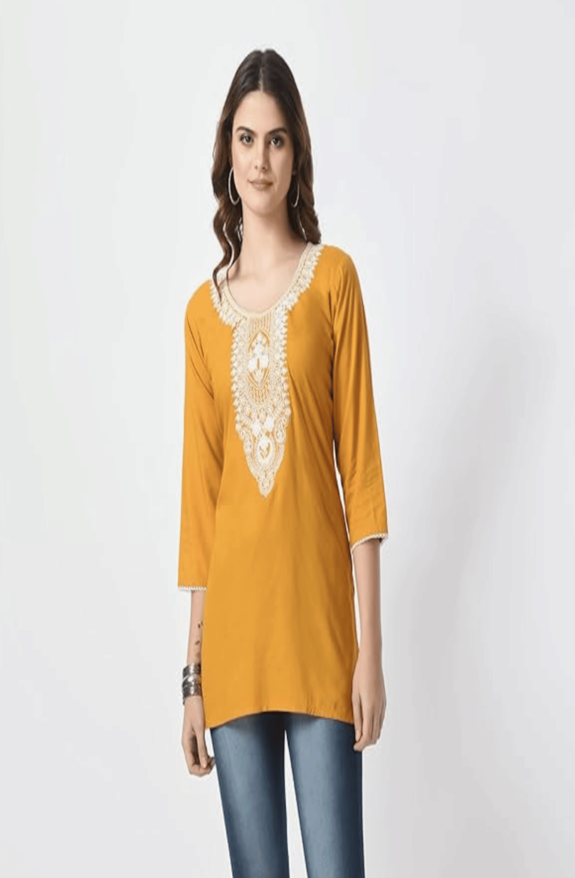 TNQ Pack of 1 Rayon Embroidered Straight Women's Kurti - ( Mustard ) TNQ Pack of 1 Rayon Embroidered Straight Women's Kurti - ( Mustard )