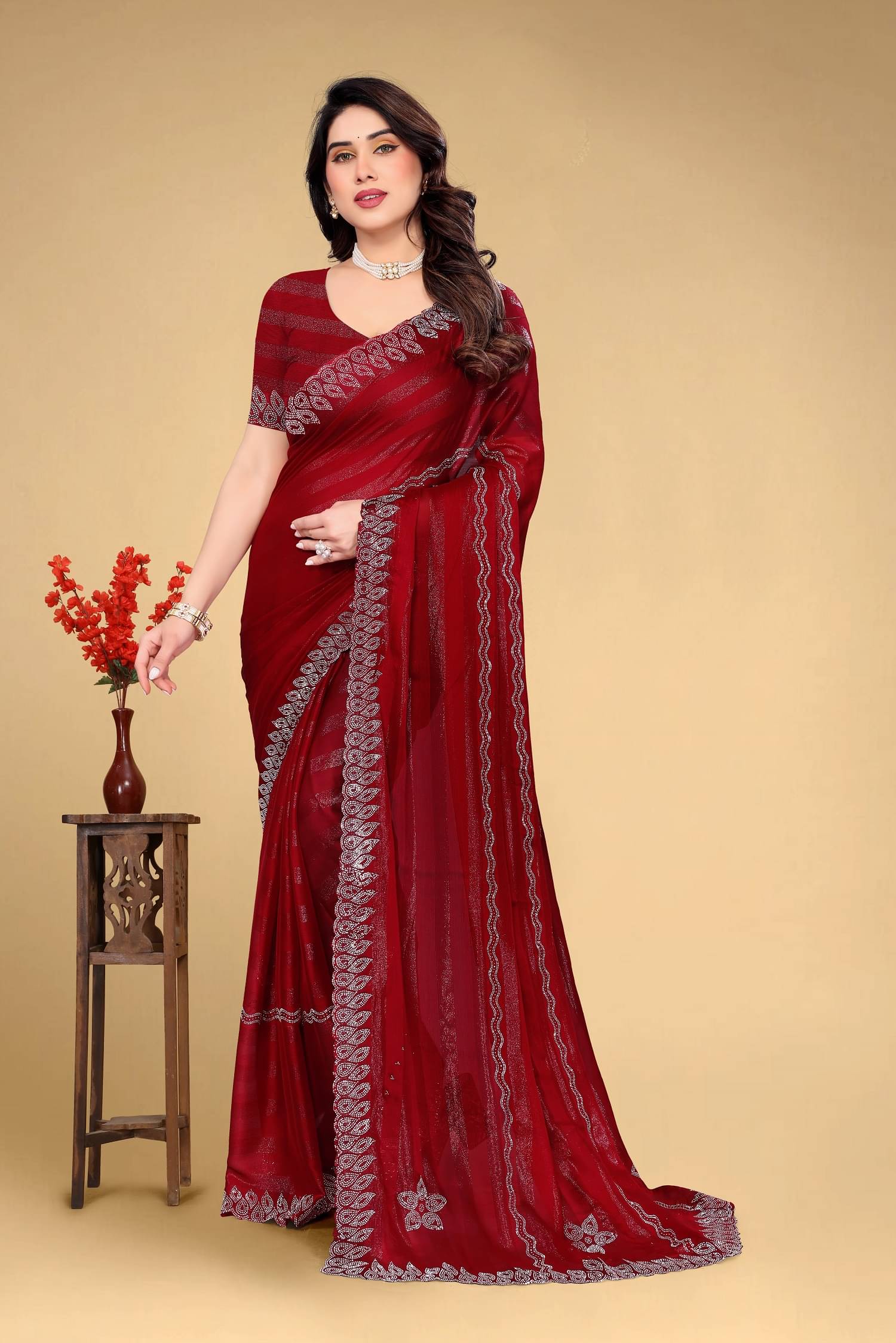 VEERAIVA Chiffon Embellished Saree With Unstitched Blouse Piece ( Maroon ) VEERAIVA Chiffon Embellished Saree With Unstitched Blouse Piece ( Maroon )