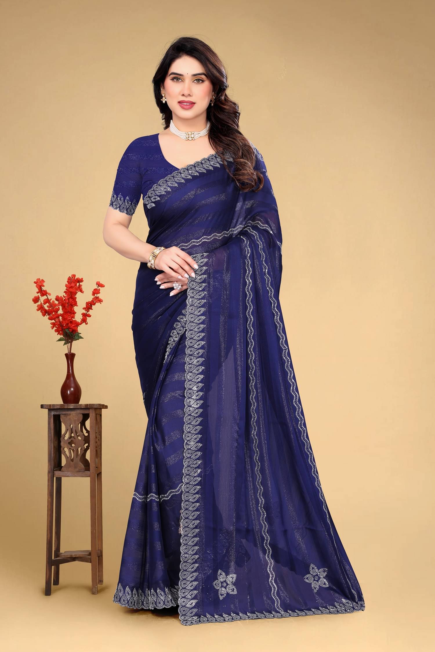 VEERAIVA Chiffon Embellished Saree With Unstitched Blouse Piece ( Blue ) VEERAIVA Chiffon Embellished Saree With Unstitched Blouse Piece ( Blue )