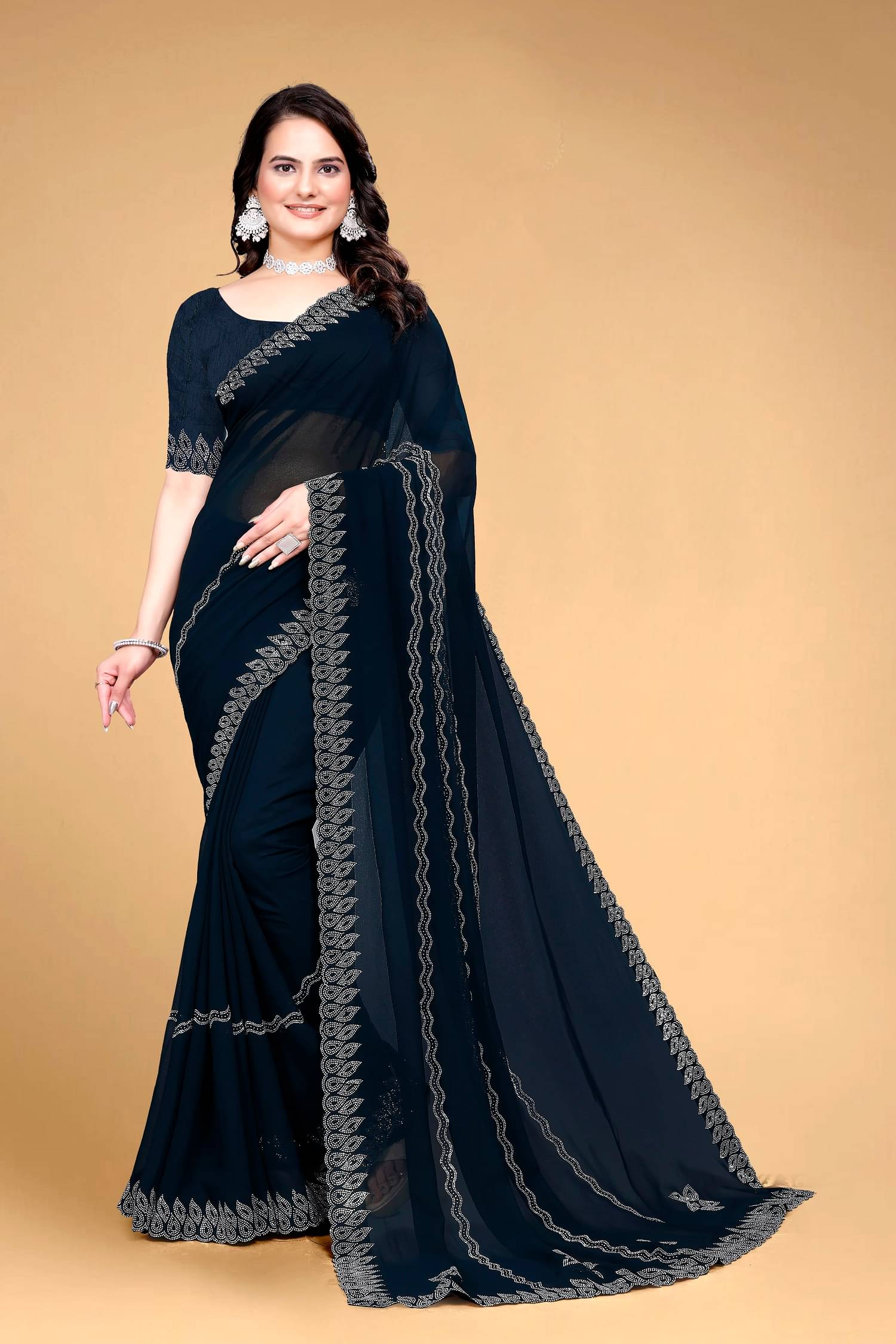     			VEERAIVA Georgette Cut Outs Saree With Unstitched Blouse Piece ( Navy Blue )