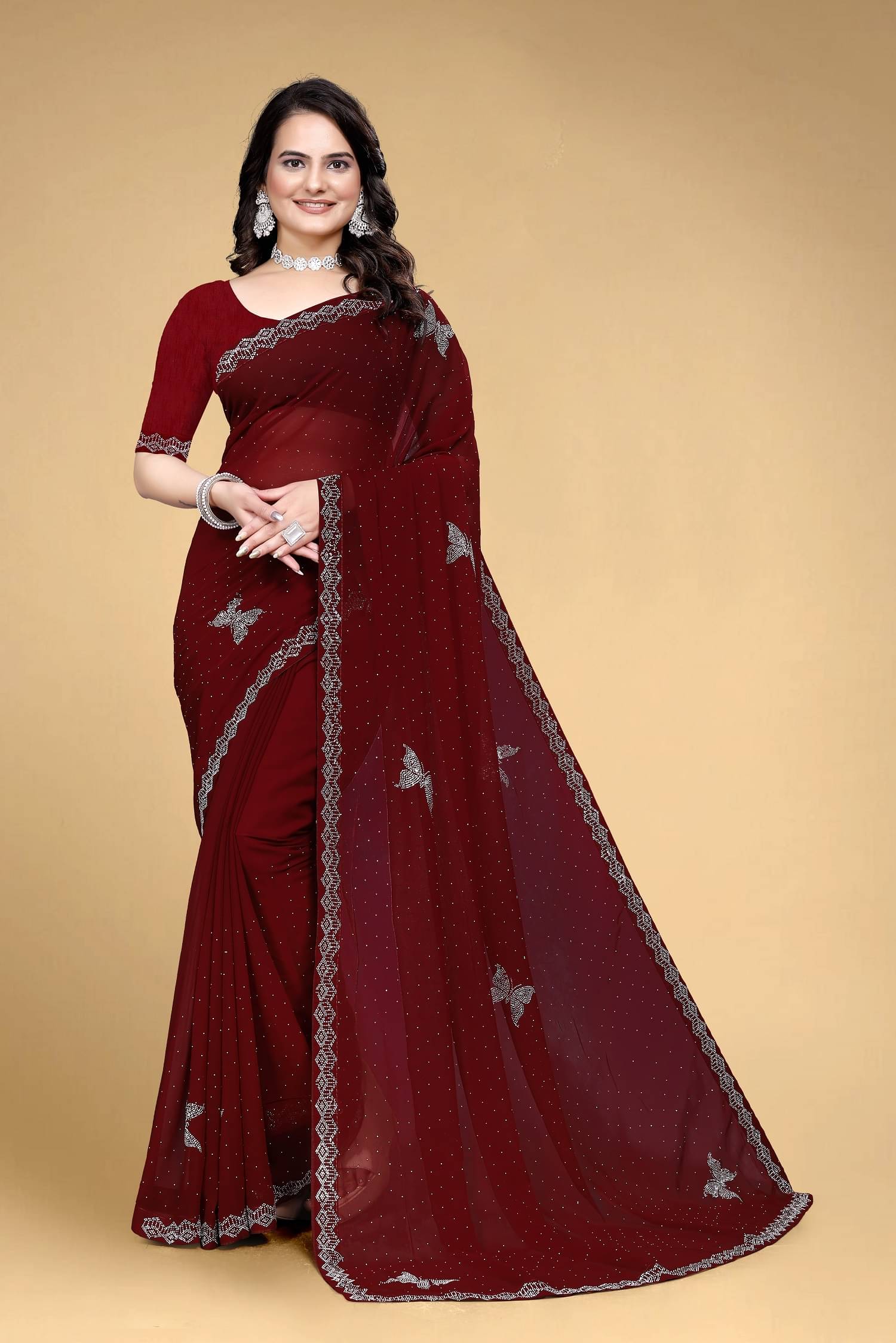 VEERAIVA Georgette Embellished Saree With Unstitched Blouse Piece ( Maroon ) VEERAIVA Georgette Embellished Saree With Unstitched Blouse Piece ( Maroon )