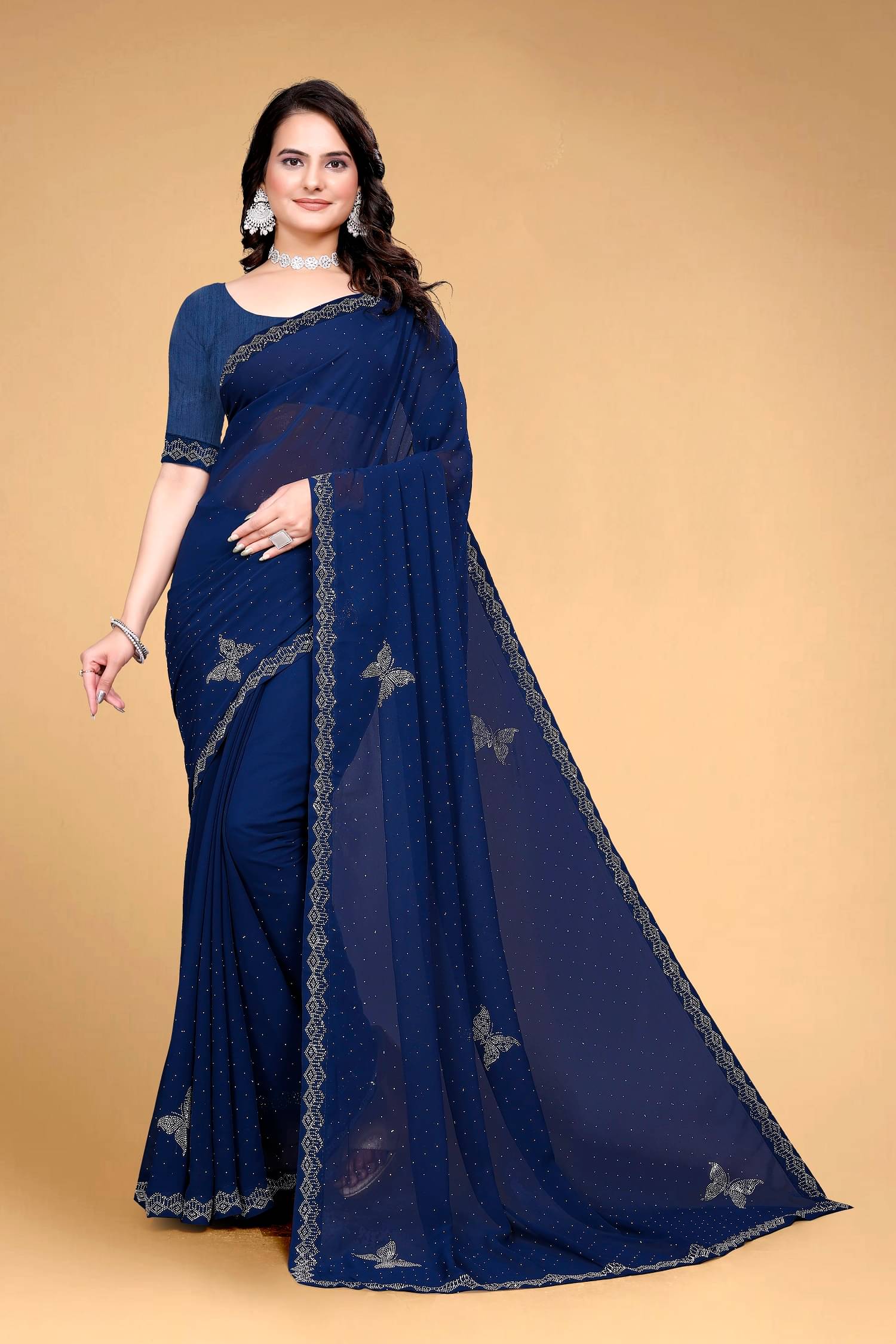VEERAIVA Georgette Embellished Saree With Unstitched Blouse Piece ( Navy Blue ) VEERAIVA Georgette Embellished Saree With Unstitched Blouse Piece ( Navy Blue )