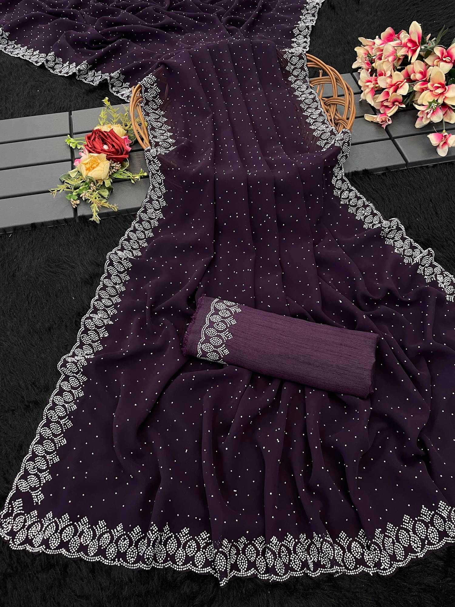     			VEERAIVA Georgette Embroidered Saree With Unstitched Blouse Piece ( Purple )