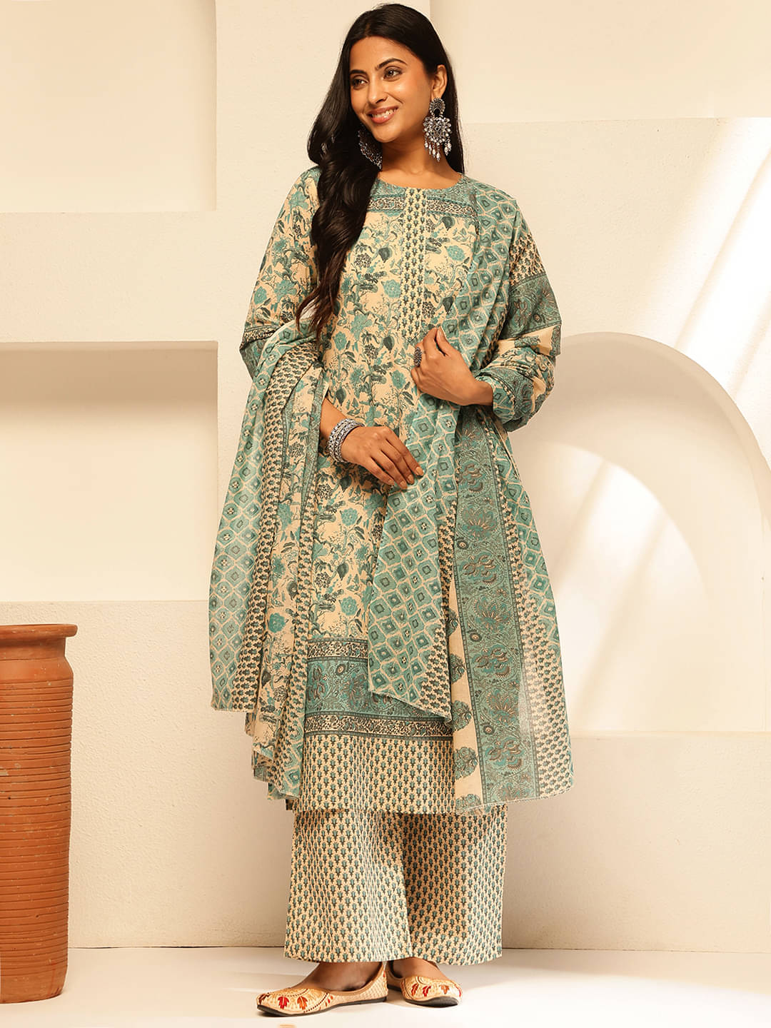     			Vbuyz Cotton Printed Kurti With Palazzo Women's Stitched Salwar Suit - Aqua Blue ( Pack of 1 )