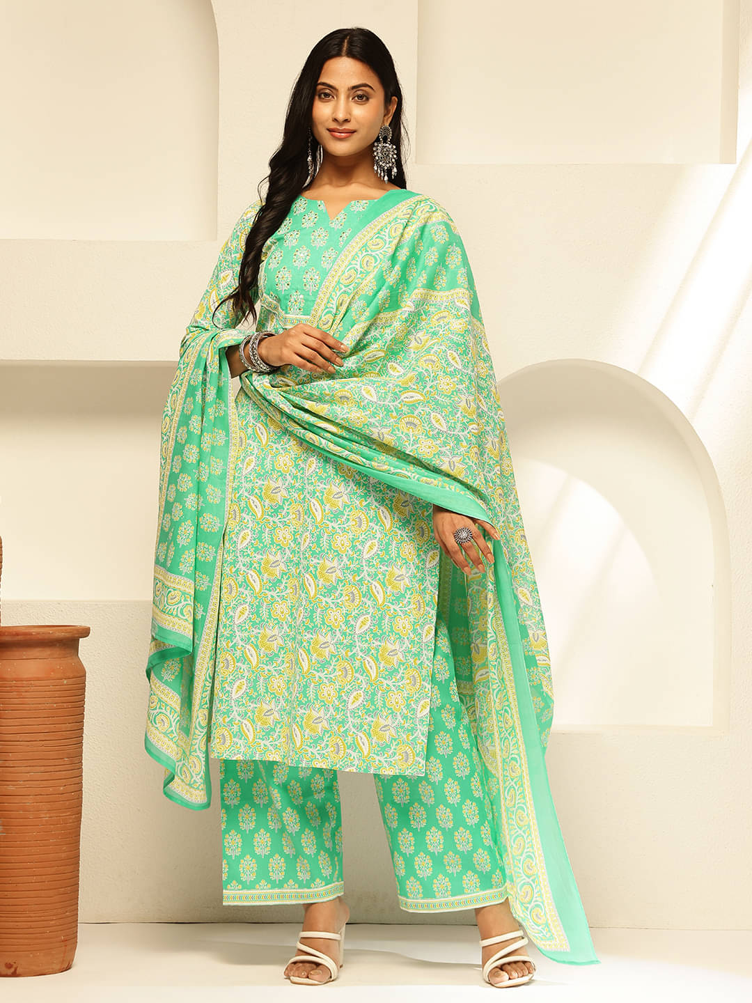 Vbuyz Cotton Printed Kurti With Palazzo Women's Stitched Salwar Suit - Mint Green ( Pack of 1 )     			Vbuyz Cotton Printed Kurti With Palazzo Women's Stitched Salwar Suit - Mint Green ( Pack of 1 )