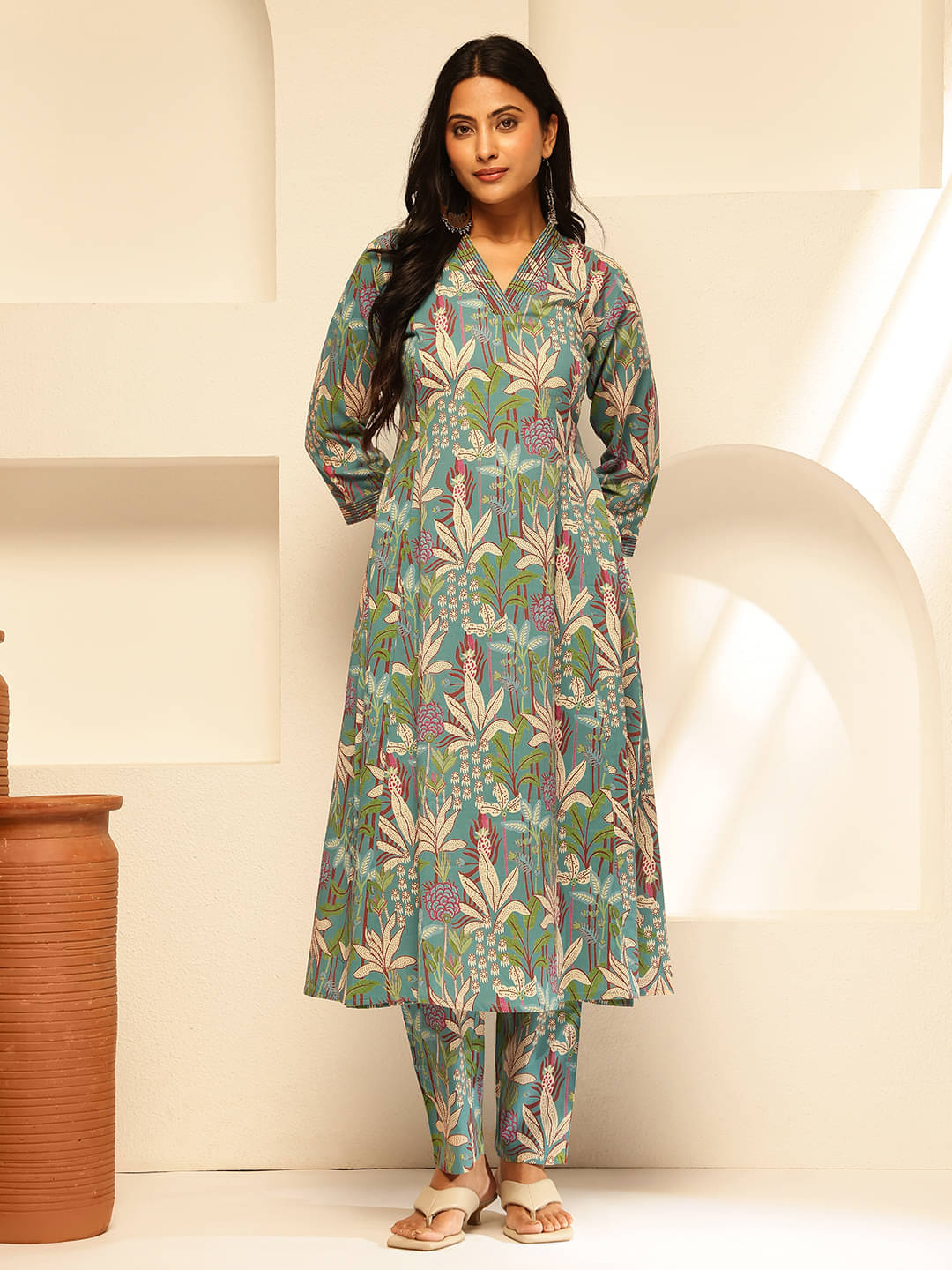 Vbuyz Cotton Printed Kurti With Pants Women's Stitched Salwar Suit - Light Blue ( Pack of 1 )     			Vbuyz Cotton Printed Kurti With Pants Women's Stitched Salwar Suit - Light Blue ( Pack of 1 )