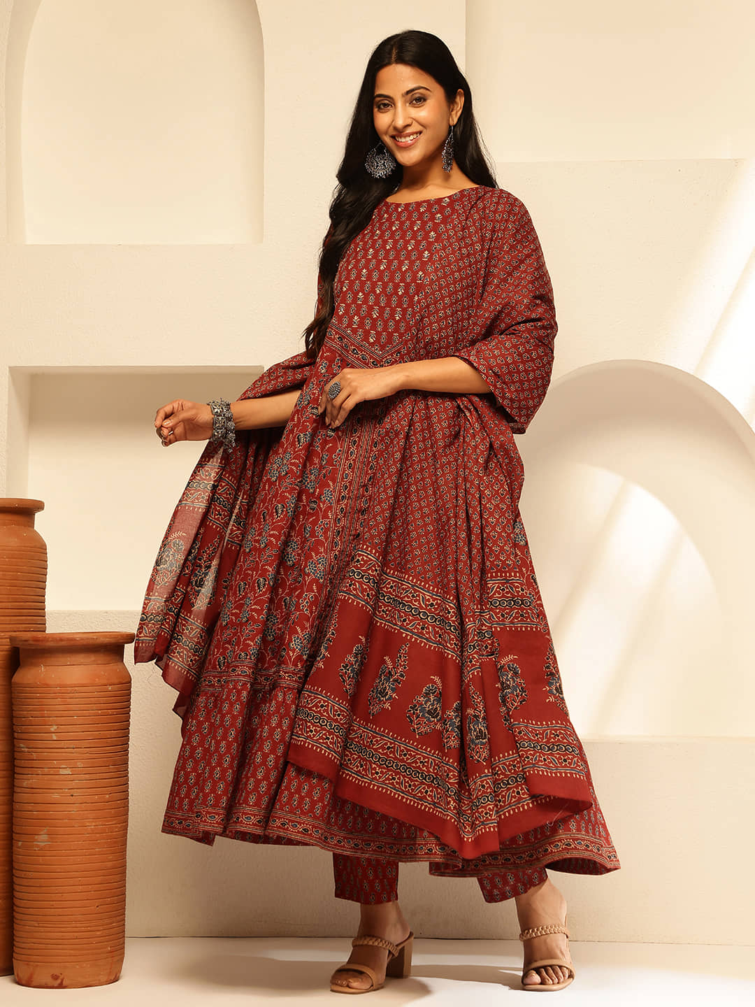 Vbuyz Cotton Printed Kurti With Pants Women's Stitched Salwar Suit - Maroon ( Pack of 1 )