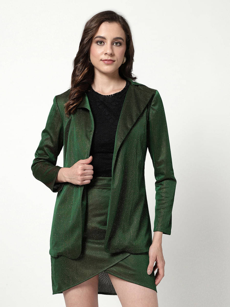     			Zima Leto Women Solid Coat With Skirt Co-Ord Set ( Green )