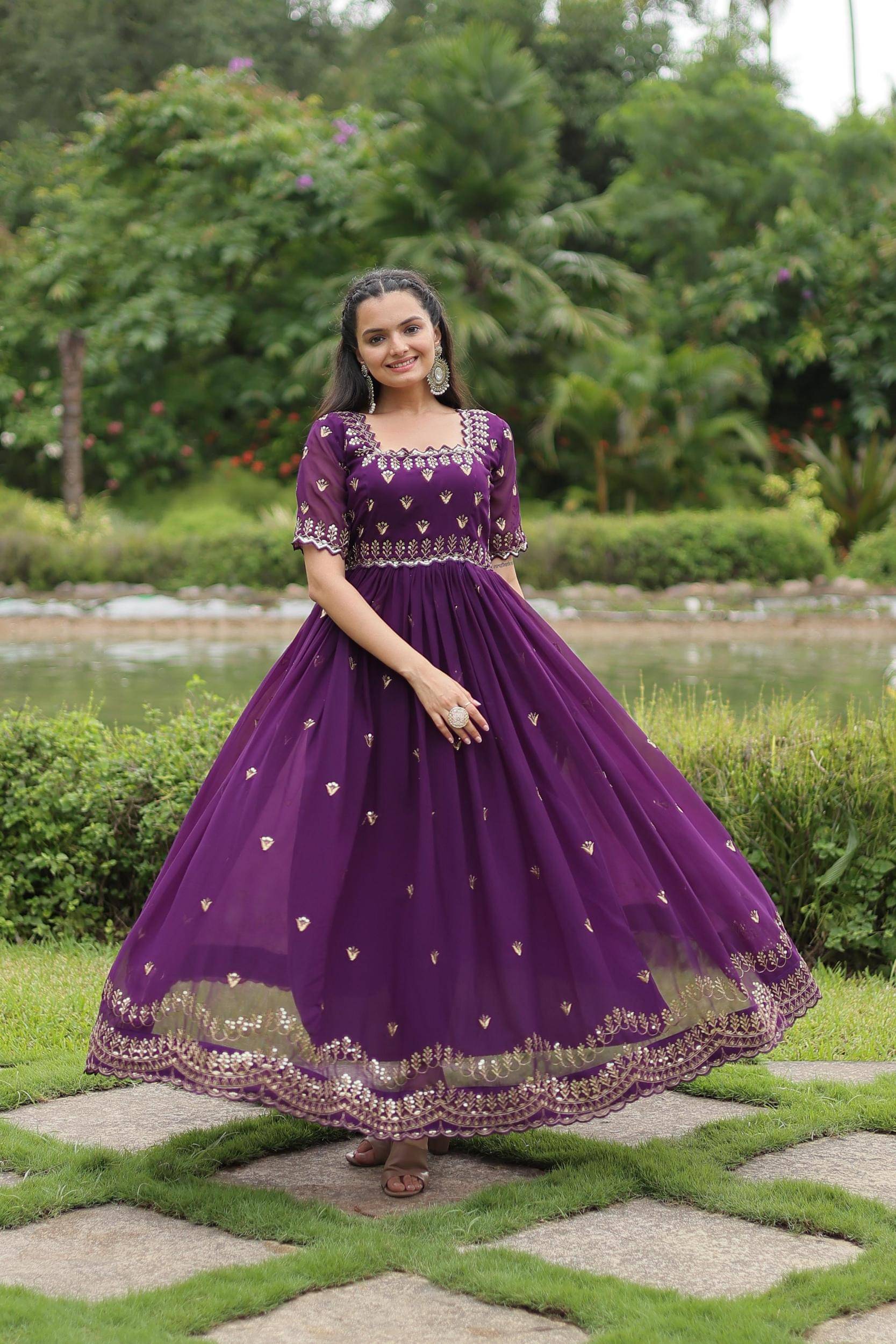 aplix Purple Flared Georgette Women's Stitched Ethnic Gown ( Pack of 1 ) aplix Purple Flared Georgette Women's Stitched Ethnic Gown ( Pack of 1 )
