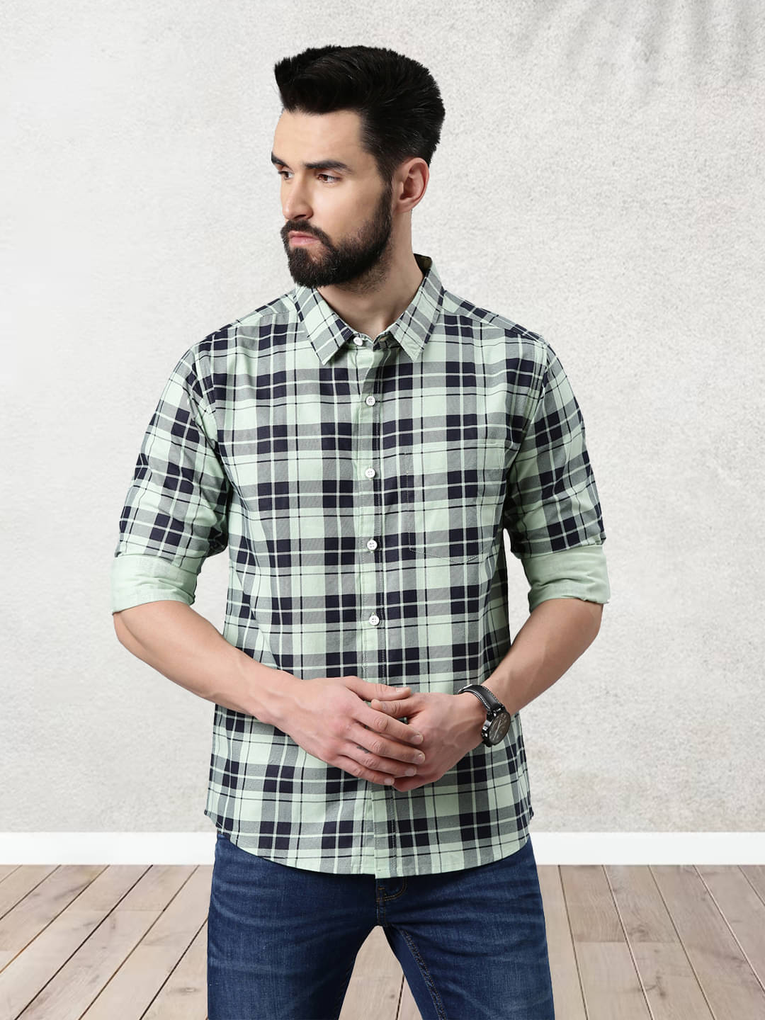     			broon Cotton Blend Regular Fit Checks Full Sleeves Men's Casual Shirt - Light Green ( Pack of 1 )