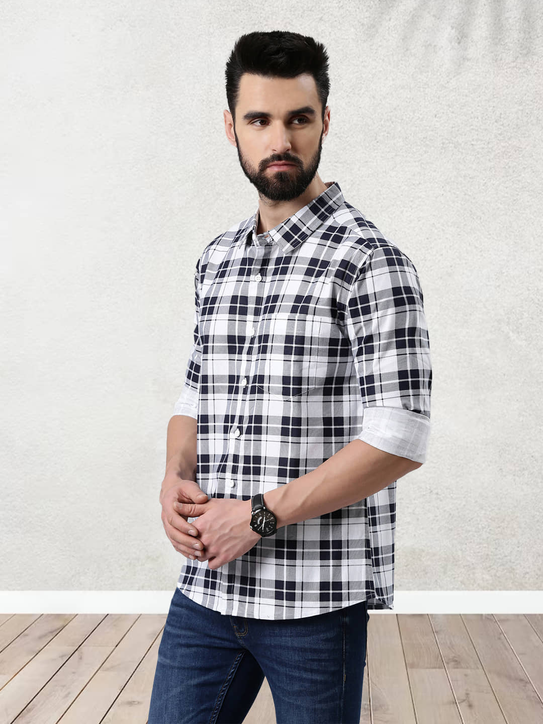 broon Cotton Blend Regular Fit Checks Full Sleeves Men's Casual Shirt - White ( Pack of 1 )