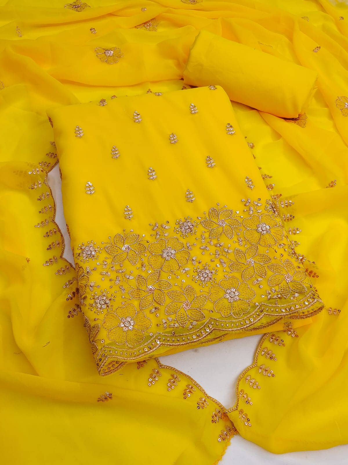 HL SILKMILLS Unstitched Georgette Embellished Dress Material - Yellow ( Pack of 1 ) - Unstitched Fabrics | Buy online on ZillyBuy