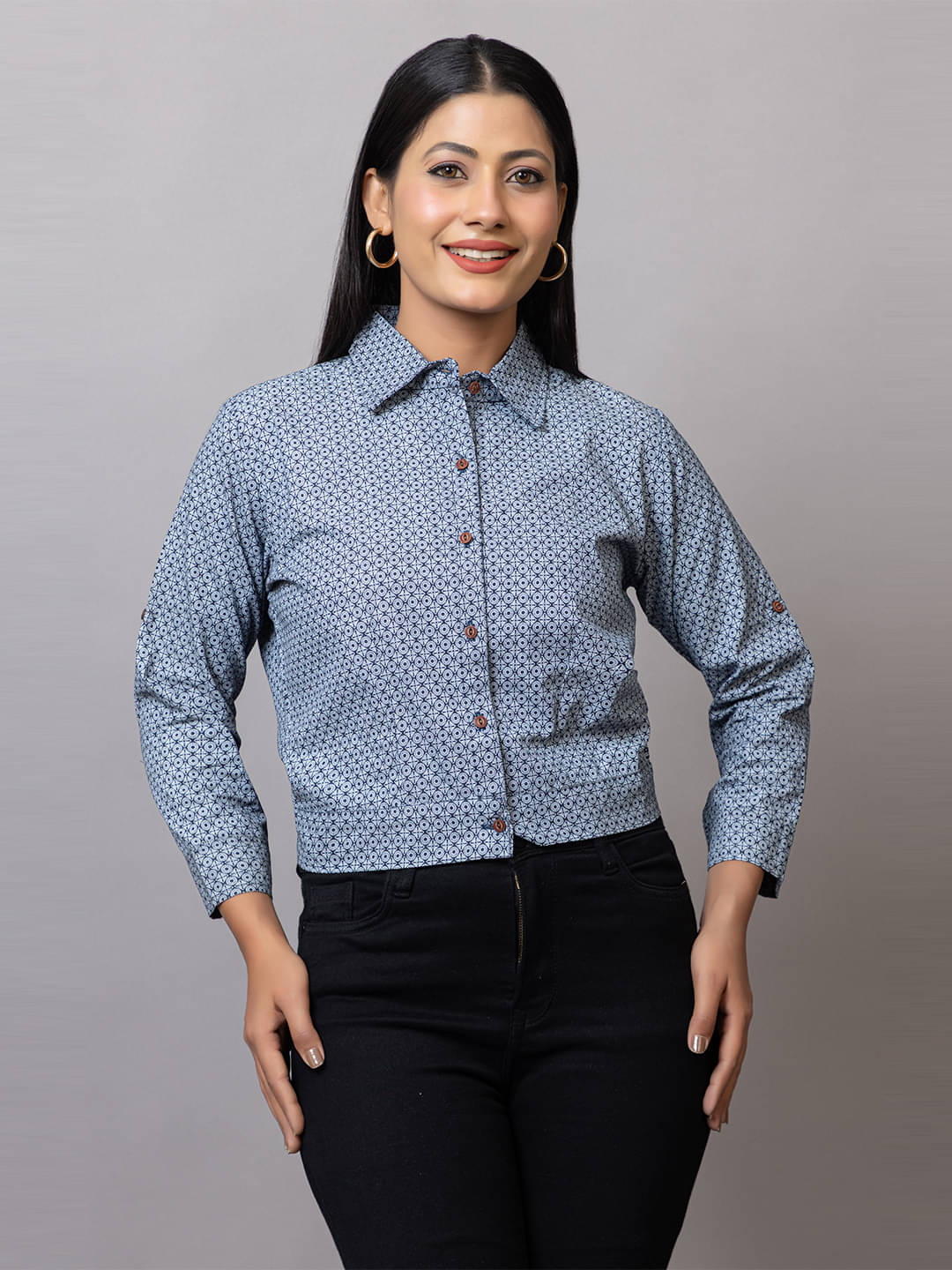 PROBASIC Women Printed Cotton Blend Shirt ( Grey )     			PROBASIC Women Printed Cotton Blend Shirt ( Grey )