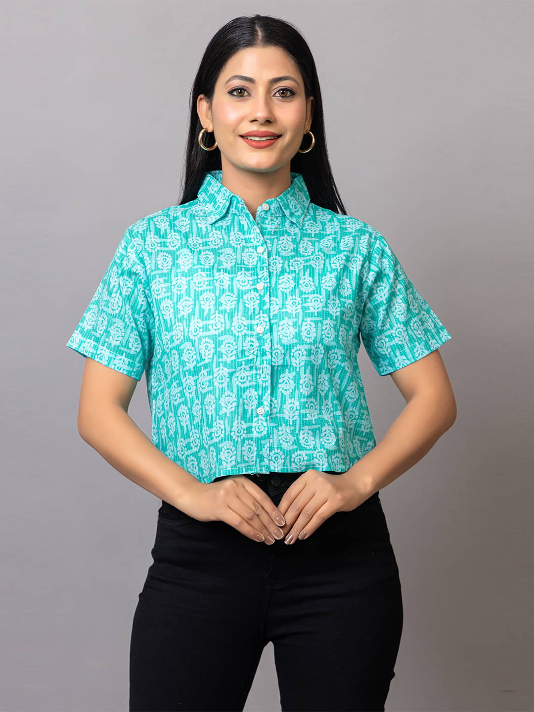    			PROBASIC Women Printed Cotton Blend Shirt ( Light Blue )