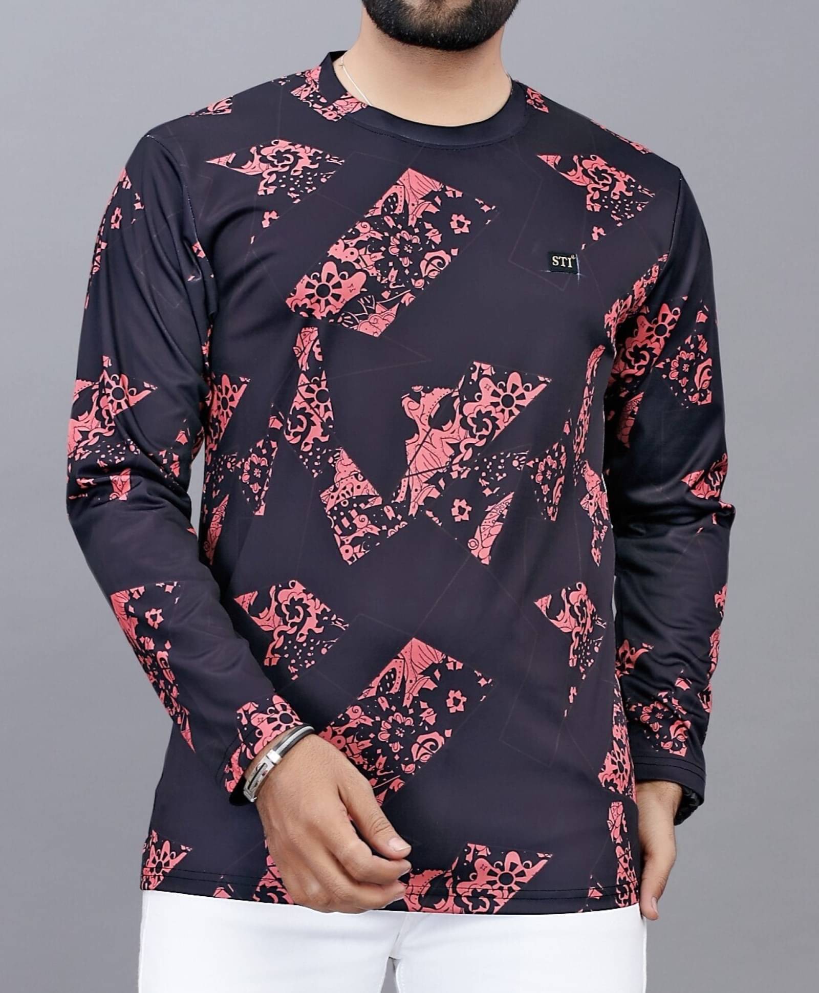    			STI Cotton Blend Slim Fit Printed Full Sleeves Men's Round T-Shirt - Multicolor ( Pack of 1 )