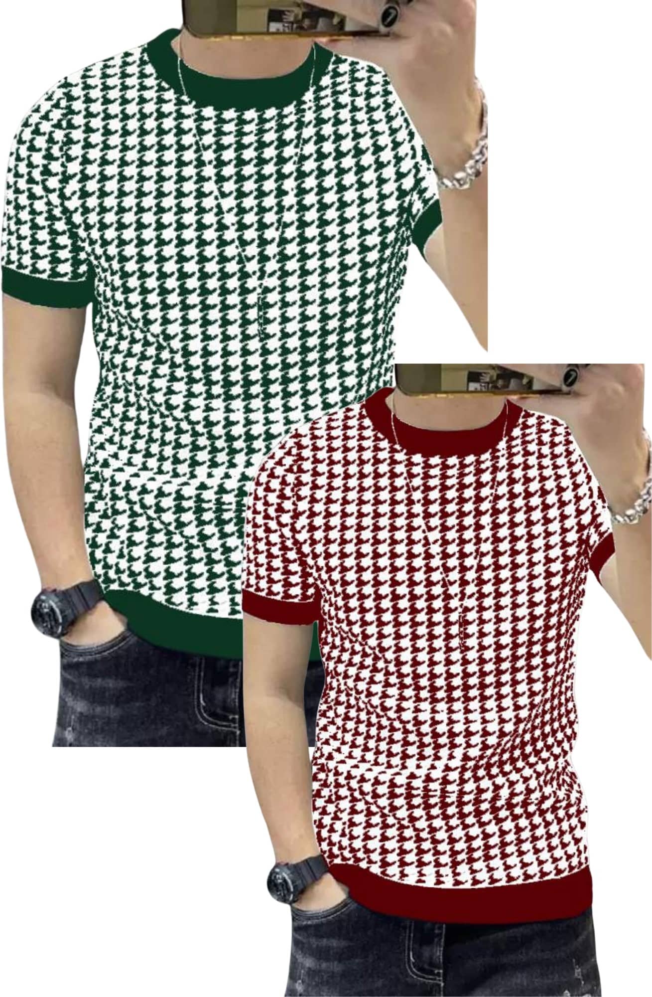 STI Polyester Regular Fit Self Design Half Sleeves Men's Round T-Shirt - Multicolor ( Pack of 2 )