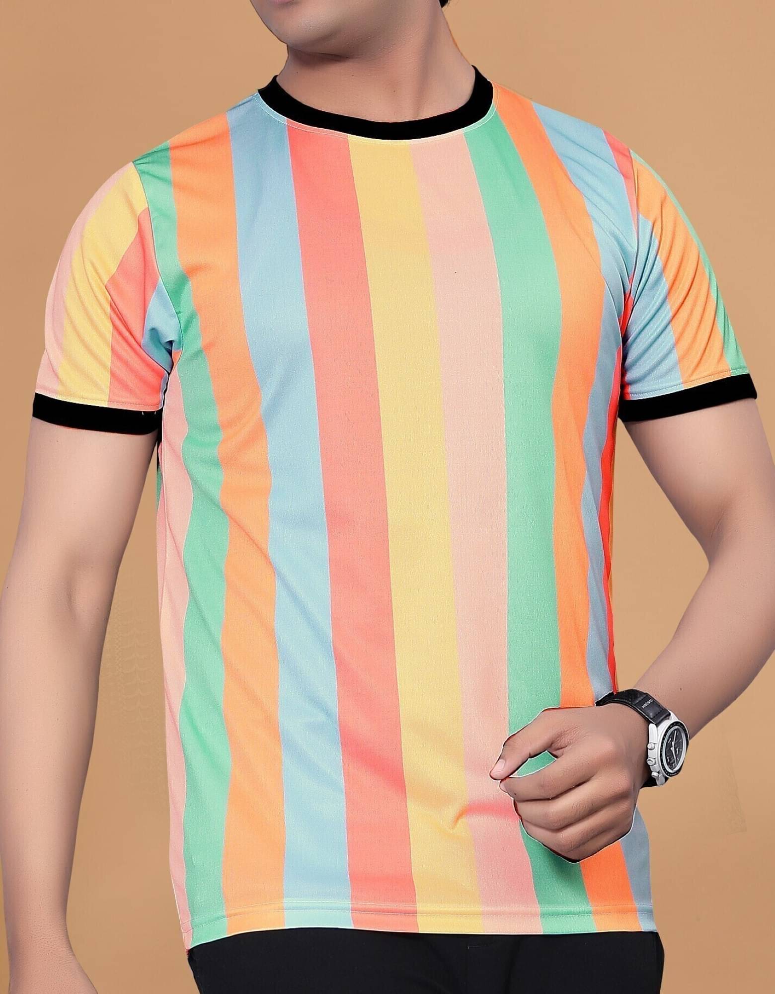 STI Polyester Regular Fit Striped Half Sleeves Men's Round T-Shirt - Multicolor ( Pack of 1 )     			STI Polyester Regular Fit Striped Half Sleeves Men's Round T-Shirt - Multicolor ( Pack of 1 )
