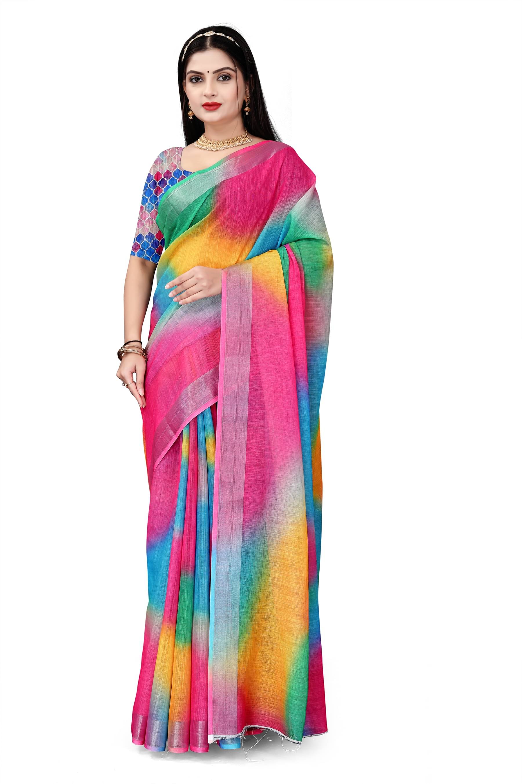 Ambe Creation Linen Dyed Saree With Unstitched Blouse Piece ( Multicolor ) Ambe Creation Linen Dyed Saree With Unstitched Blouse Piece ( Multicolor )