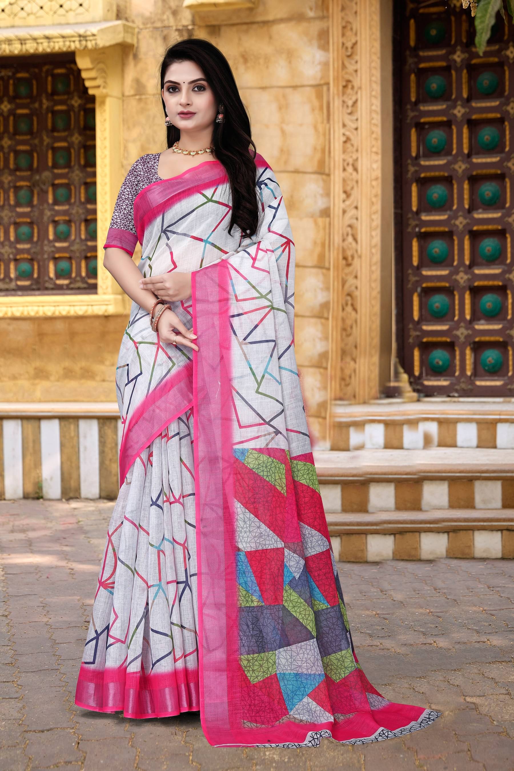 Ambe Creation Linen Printed Saree With Unstitched Blouse Piece ( Multicolor 3 ) Ambe Creation Linen Printed Saree With Unstitched Blouse Piece ( Multicolor 3 )