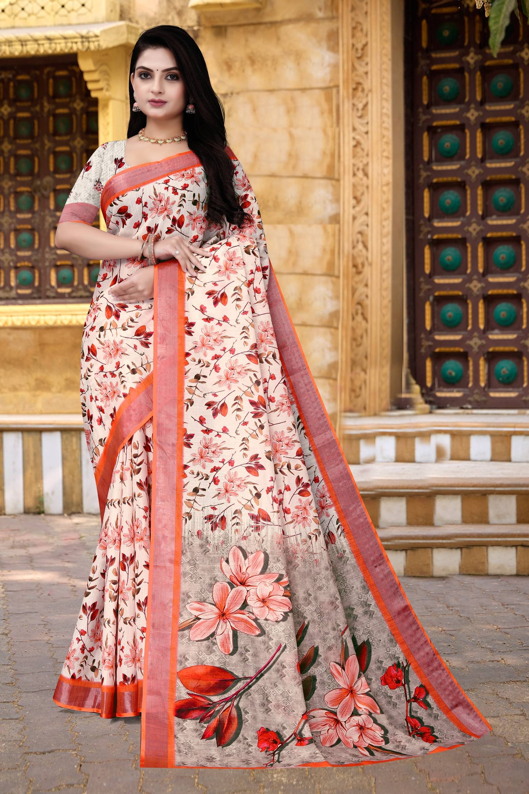     			Ambe Creation Linen Printed Saree With Unstitched Blouse Piece ( Multicolor 7 )