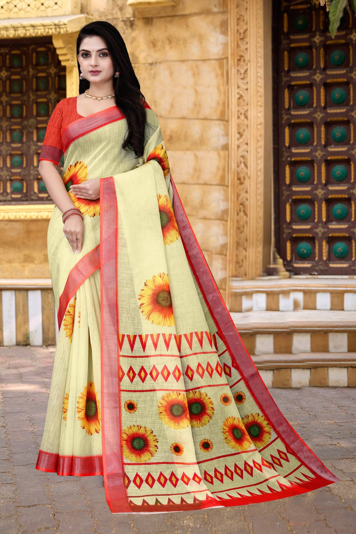 Ambe Creation Linen Printed Saree With Unstitched Blouse Piece ( Multicolor 8 ) Ambe Creation Linen Printed Saree With Unstitched Blouse Piece ( Multicolor 8 )