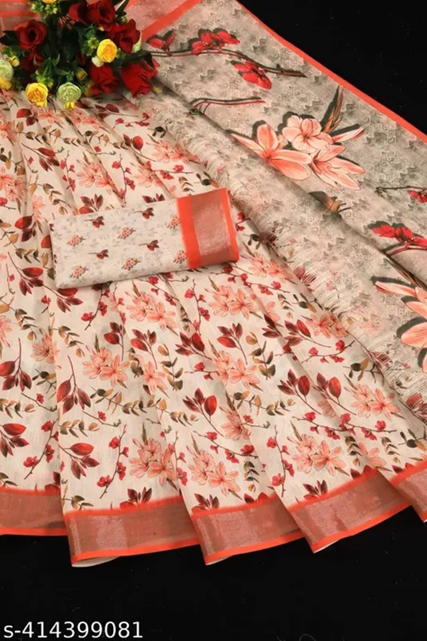 Ambe Creation Linen Printed Saree With Unstitched Blouse Piece ( Multicolor ) Ambe Creation Linen Printed Saree With Unstitched Blouse Piece ( Multicolor )