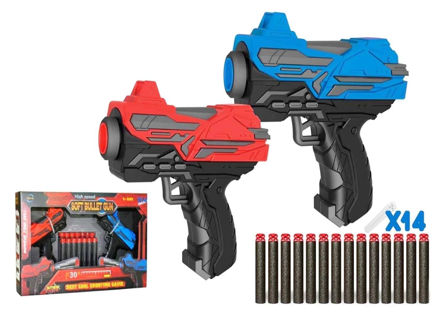 DENFE Dual Blaster Soft Rubber Foam Bullets Pull Back 2 Action Gun with 14 Piece Darts for Kids, Handgun for Target Shooting Game DENFE Dual Blaster Soft Rubber Foam Bullets Pull Back 2 Action Gun with 14 Piece Darts for Kids, Handgun for Target Shooting Game
