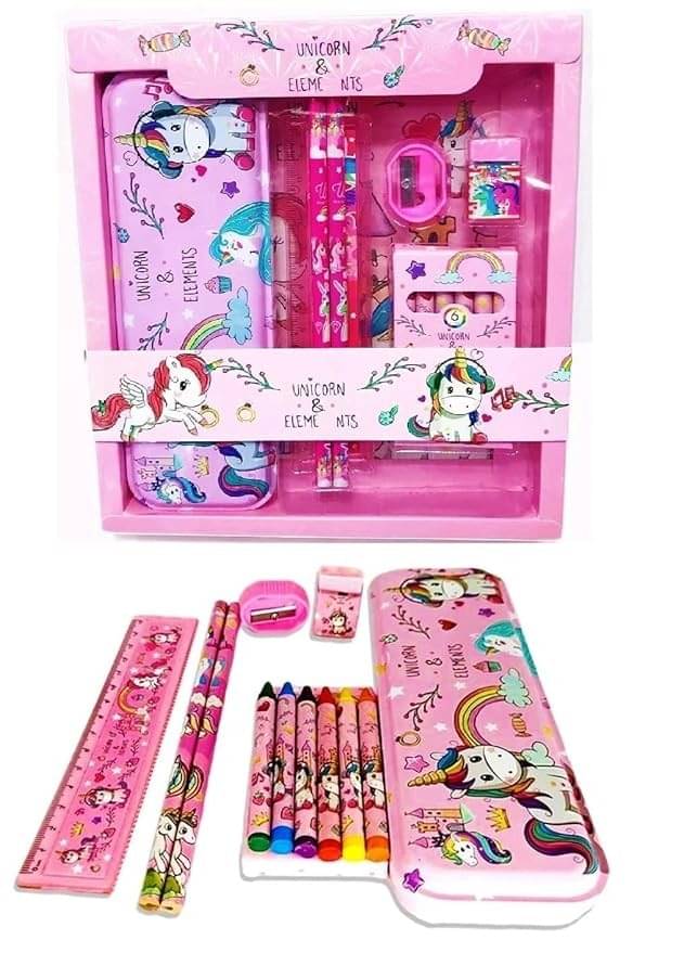    			ECLET Unicorn Pencil Box Unicorn School Stationery Kit combo 8-IN-1 Gift Set 2 Pencils Unicorn Metal Pencil Box/Sharpener/Eraser/ Scale/Crayon Birthday Gift for Girls Art Plastic Pencil Box  (Set of 1, Multicolor)