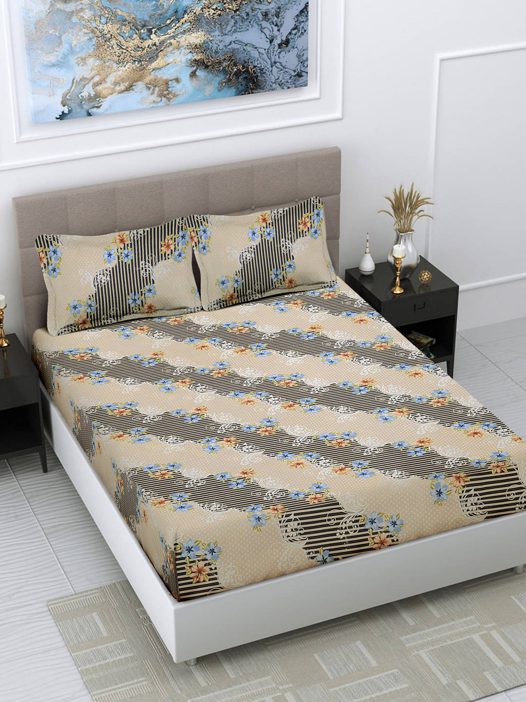     			FABINALIV Poly Cotton 1 Double Bedsheet with 2 Pillow Covers ( Beige )
