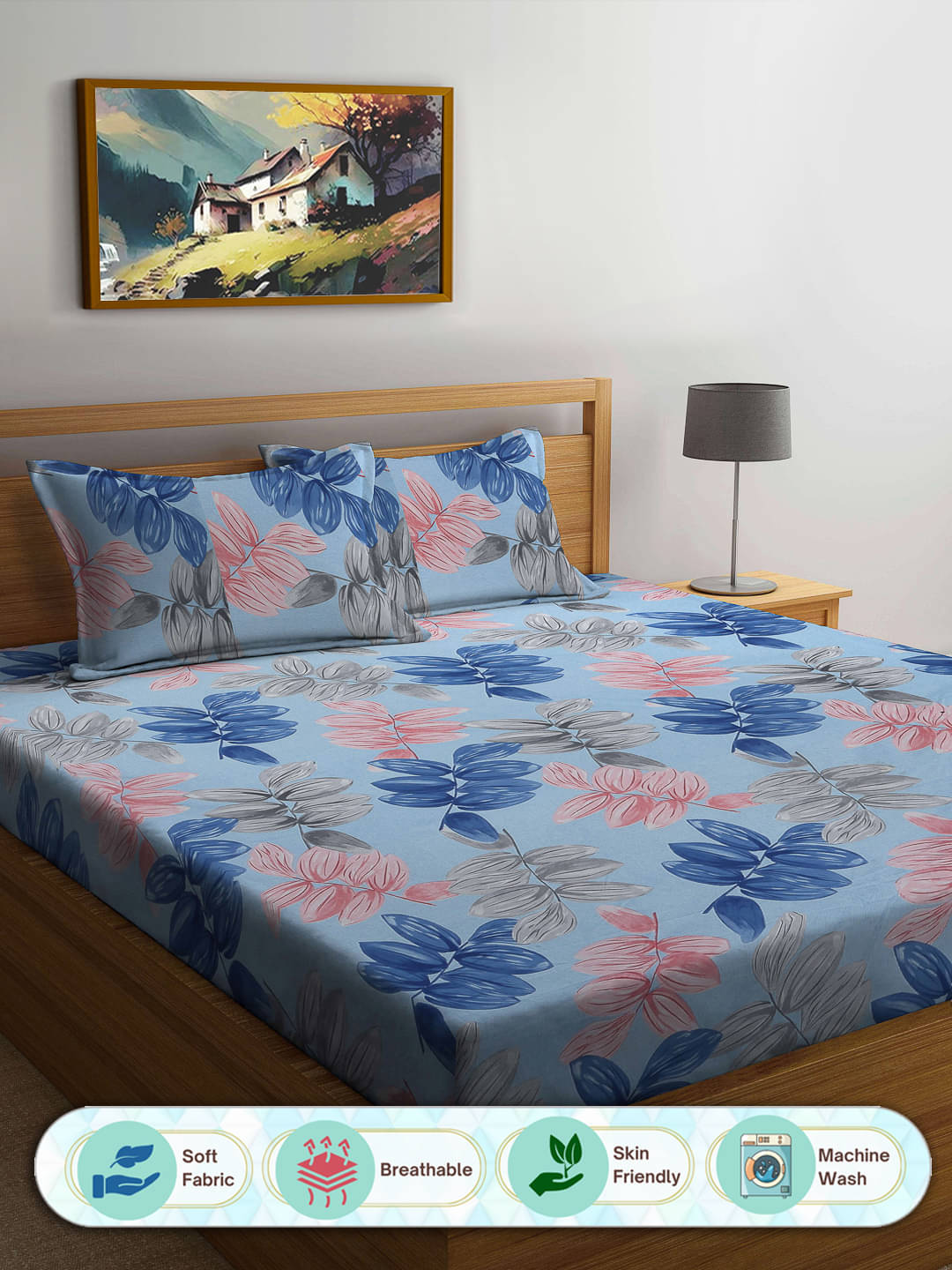     			FABINALIV Poly Cotton 1 Double Bedsheet with 2 Pillow Covers ( Blue )