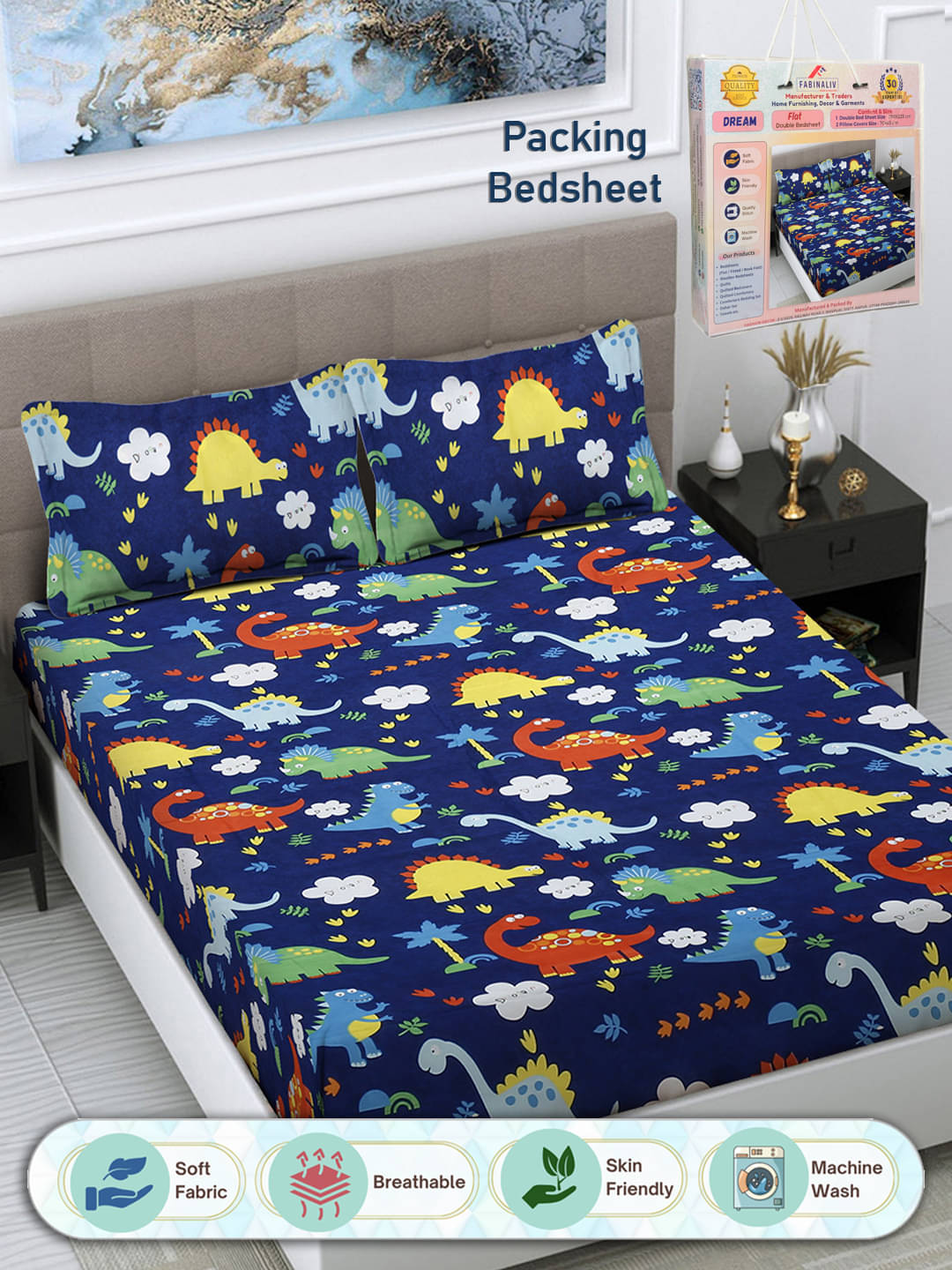     			FABINALIV Poly Cotton 1 Double Bedsheet with 2 Pillow Covers ( Dark Blue )
