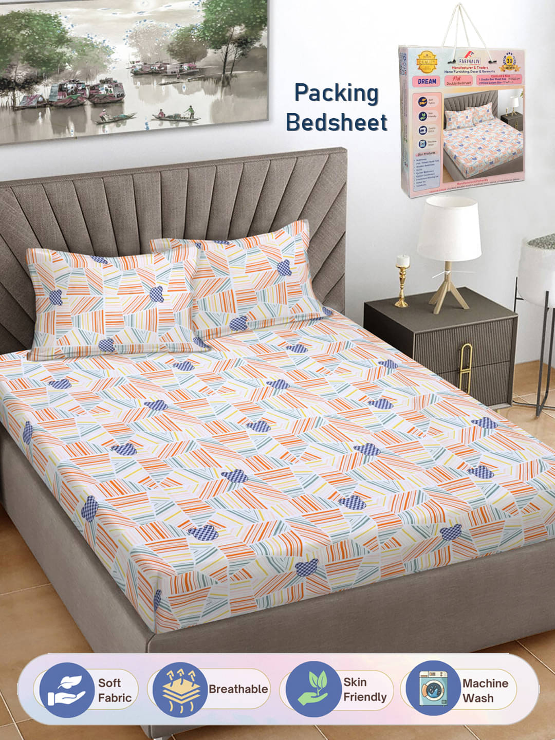     			FABINALIV Poly Cotton 1 Double Bedsheet with 2 Pillow Covers ( White )