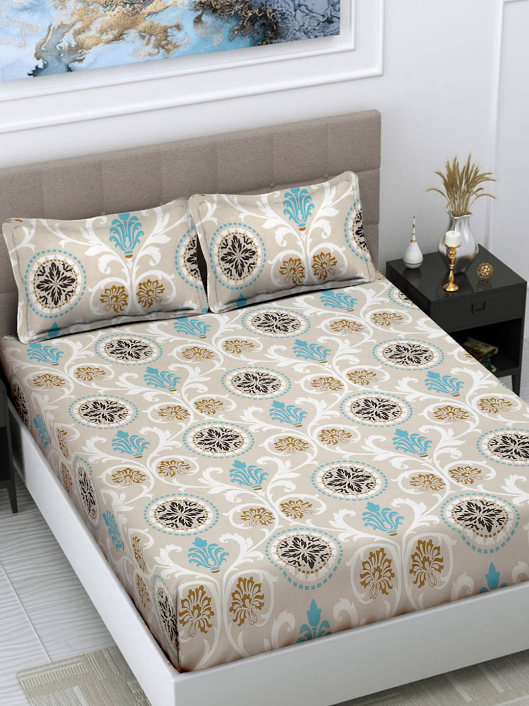     			FABINALIV Poly Cotton 1 Double Bedsheet with 2 Pillow Covers ( Beige )