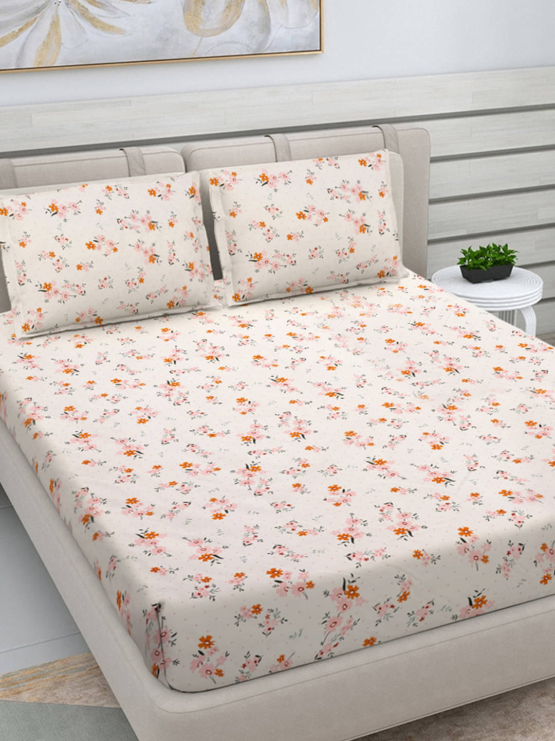     			FABINALIV Poly Cotton 1 Double Bedsheet with 2 Pillow Covers ( White )