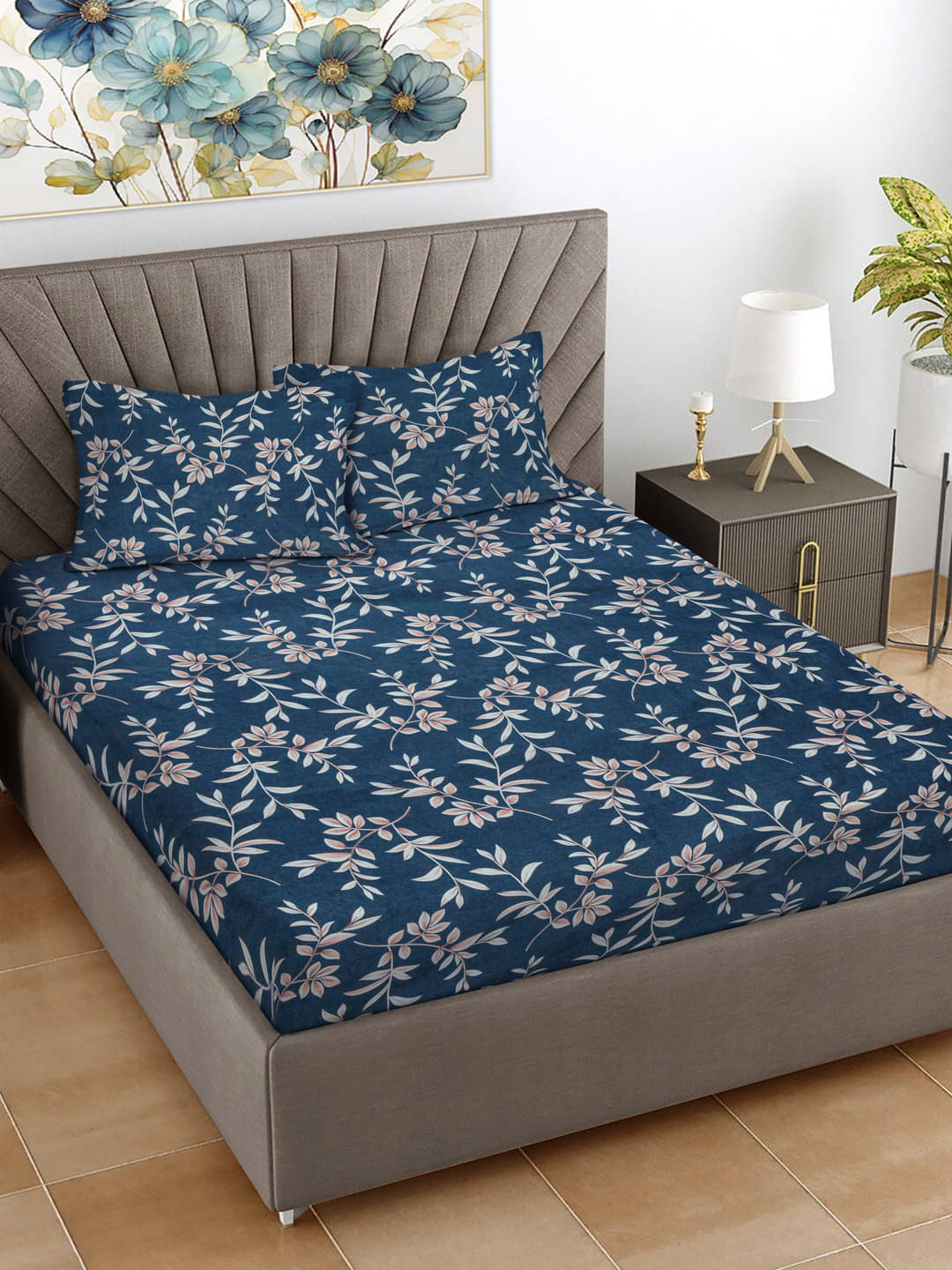     			FABINALIV Poly Cotton 1 Double Bedsheet with 2 Pillow Covers ( Navy Blue )